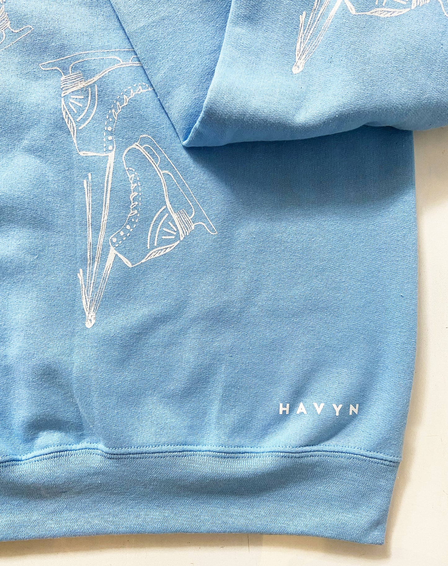 One of a Kind Hand Printed Ice Skates on Blue Crew Neck Sweatshirt