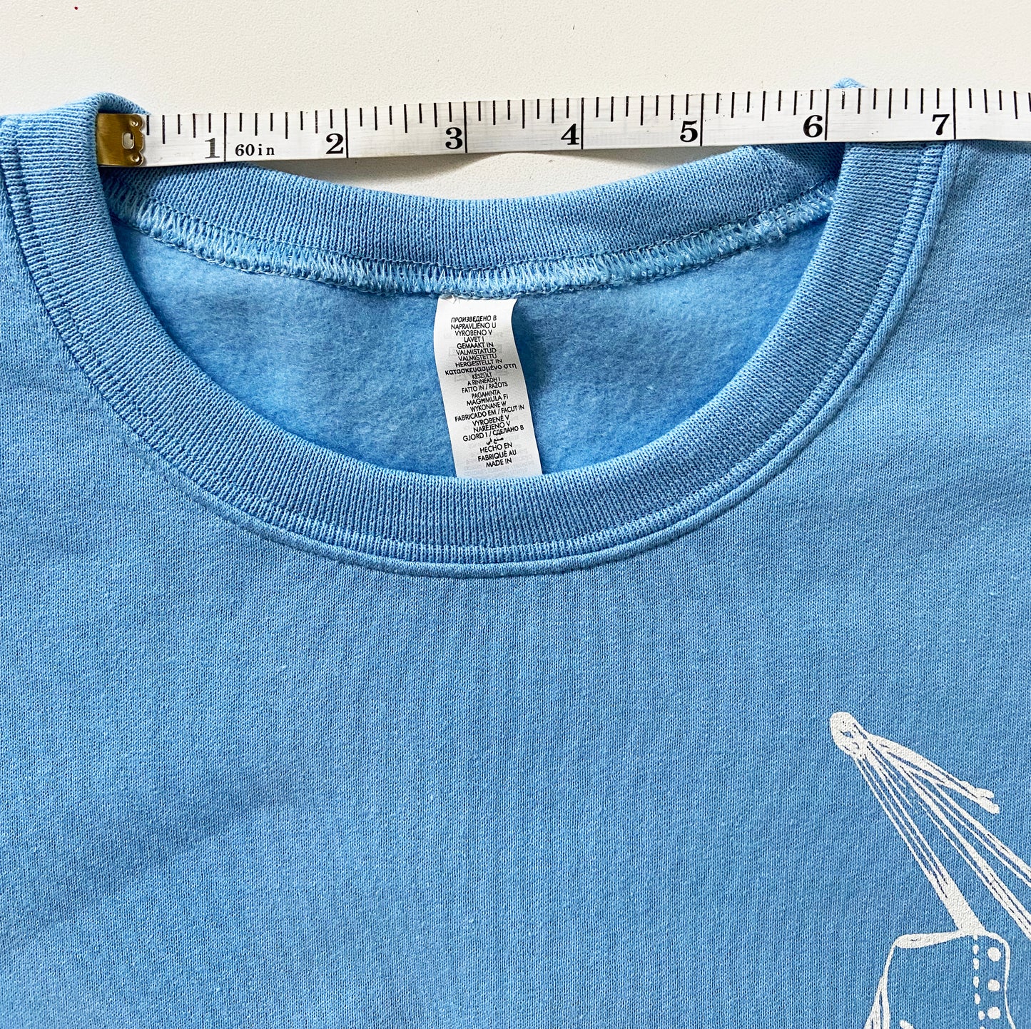 One of a Kind Hand Printed Ice Skates on Blue Crew Neck Sweatshirt