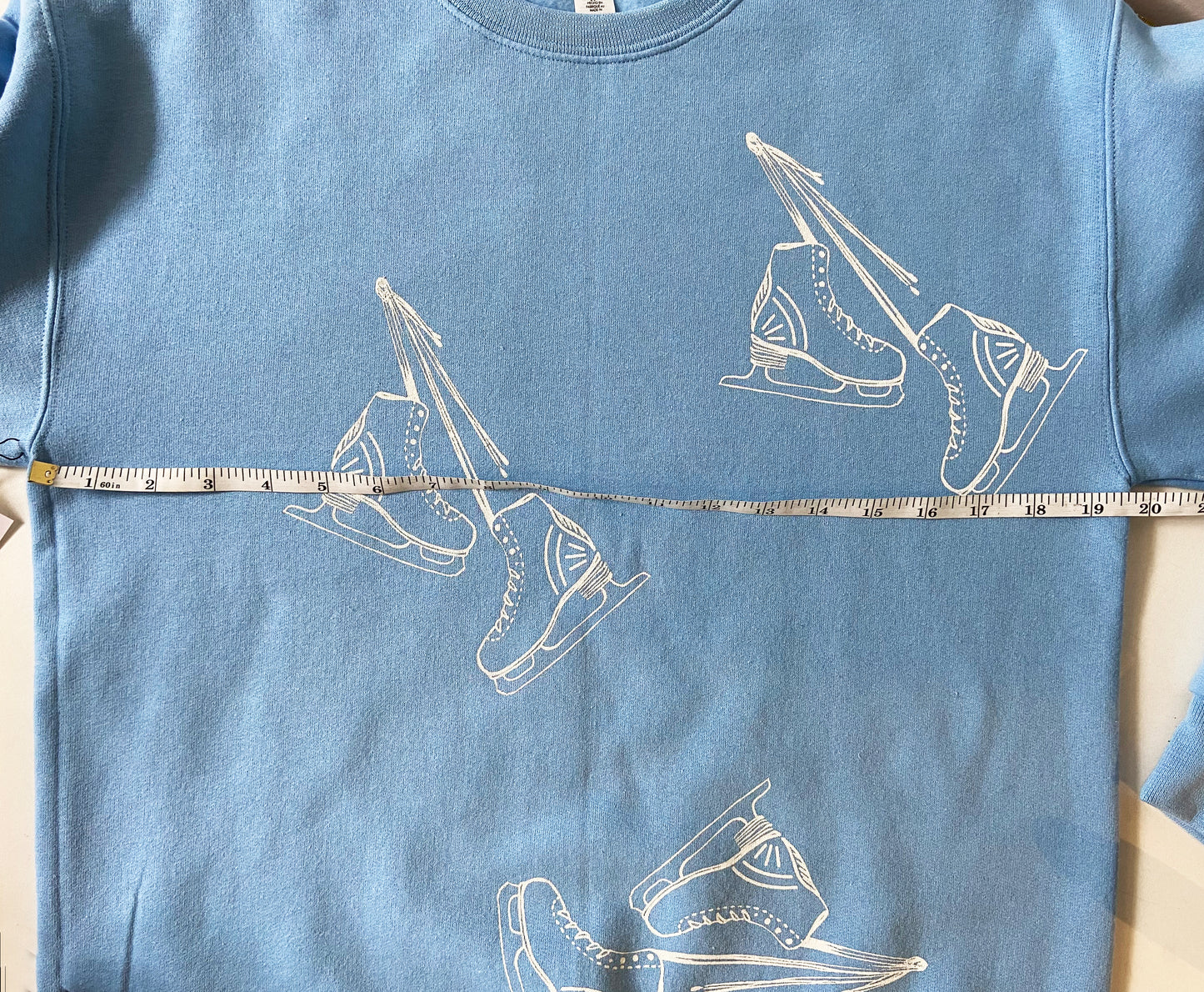 One of a Kind Hand Printed Ice Skates on Blue Crew Neck Sweatshirt