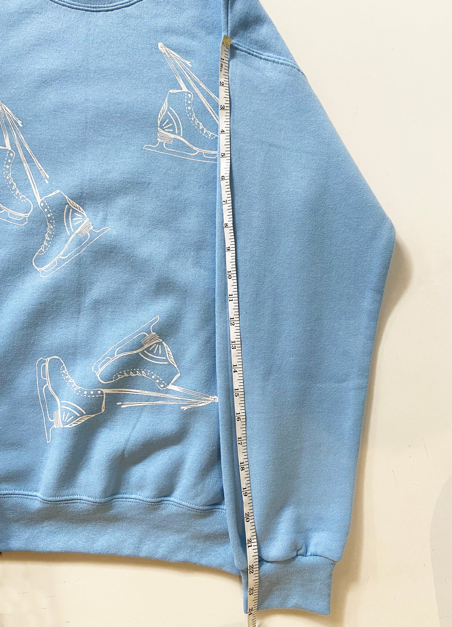 One of a Kind Hand Printed Ice Skates on Blue Crew Neck Sweatshirt