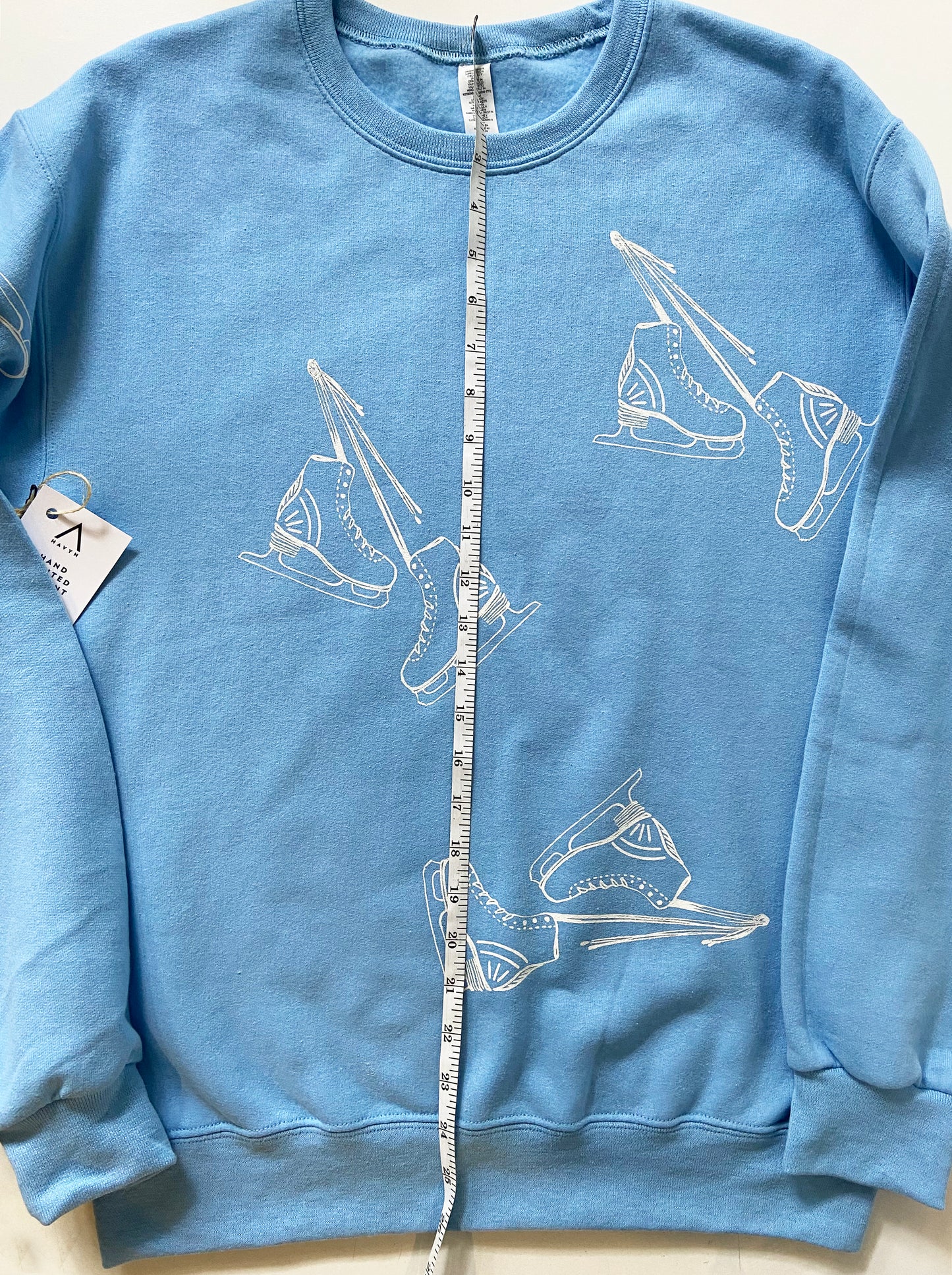 One of a Kind Hand Printed Ice Skates on Blue Crew Neck Sweatshirt