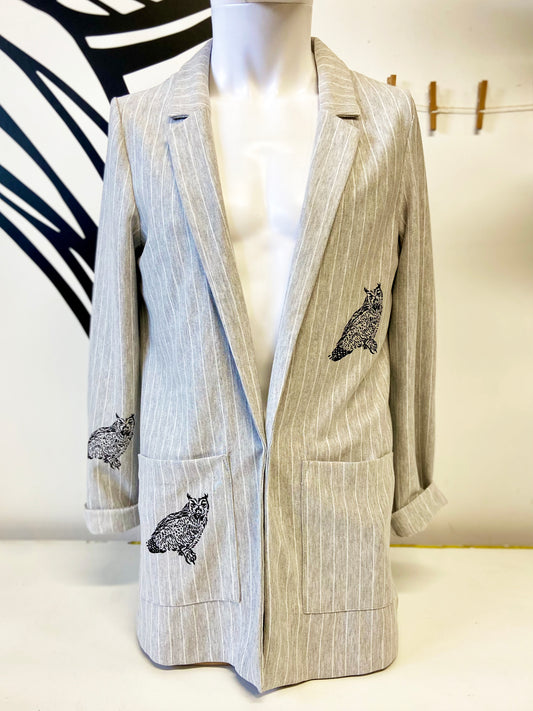 One of a Kind Hand Printed Owls on Light Grey Pinstriped Blazer