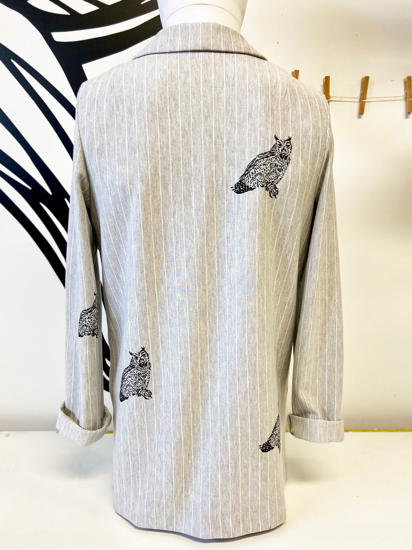 One of a Kind Hand Printed Owls on Light Grey Pinstriped Blazer