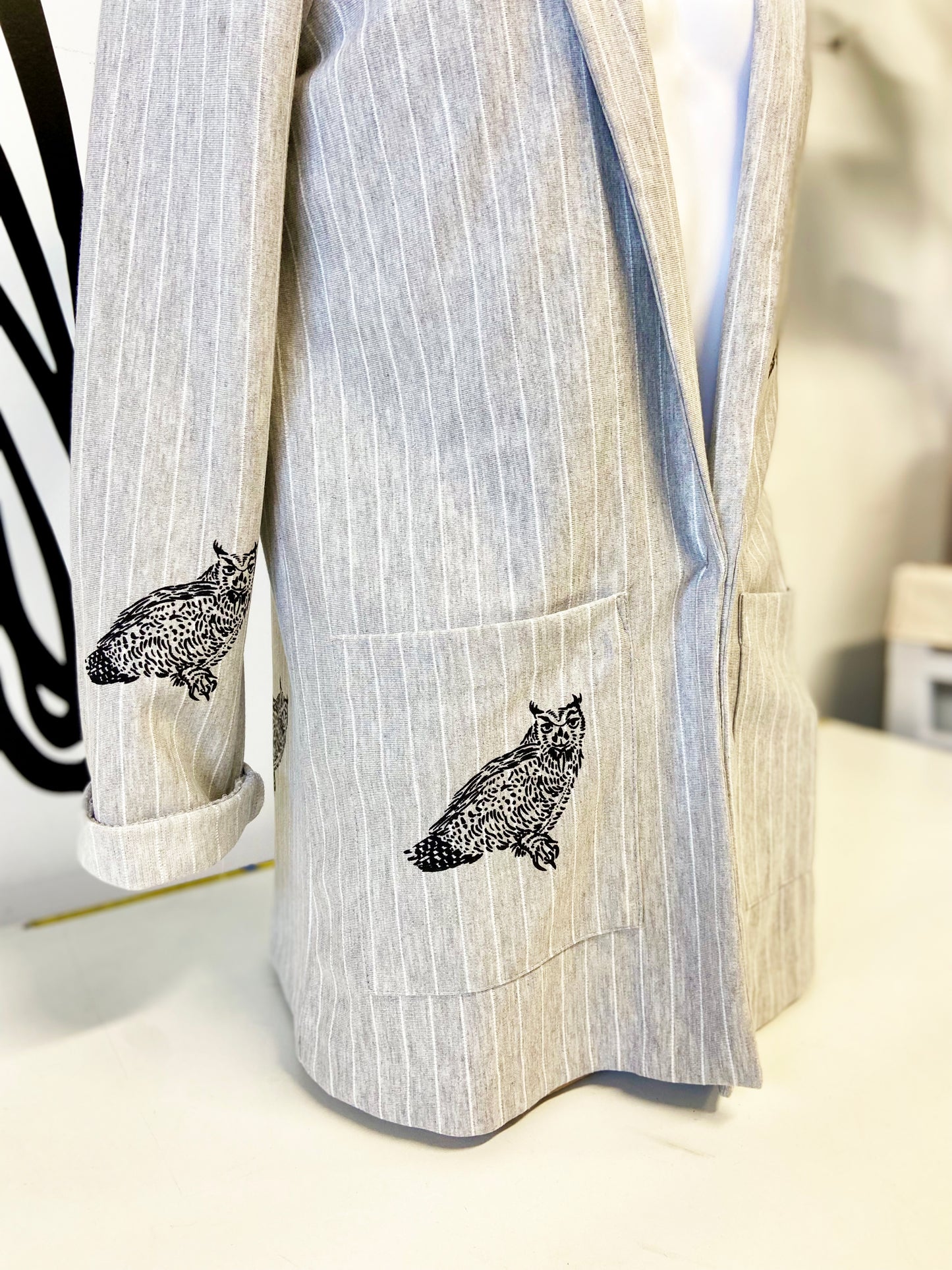One of a Kind Hand Printed Owls on Light Grey Pinstriped Blazer