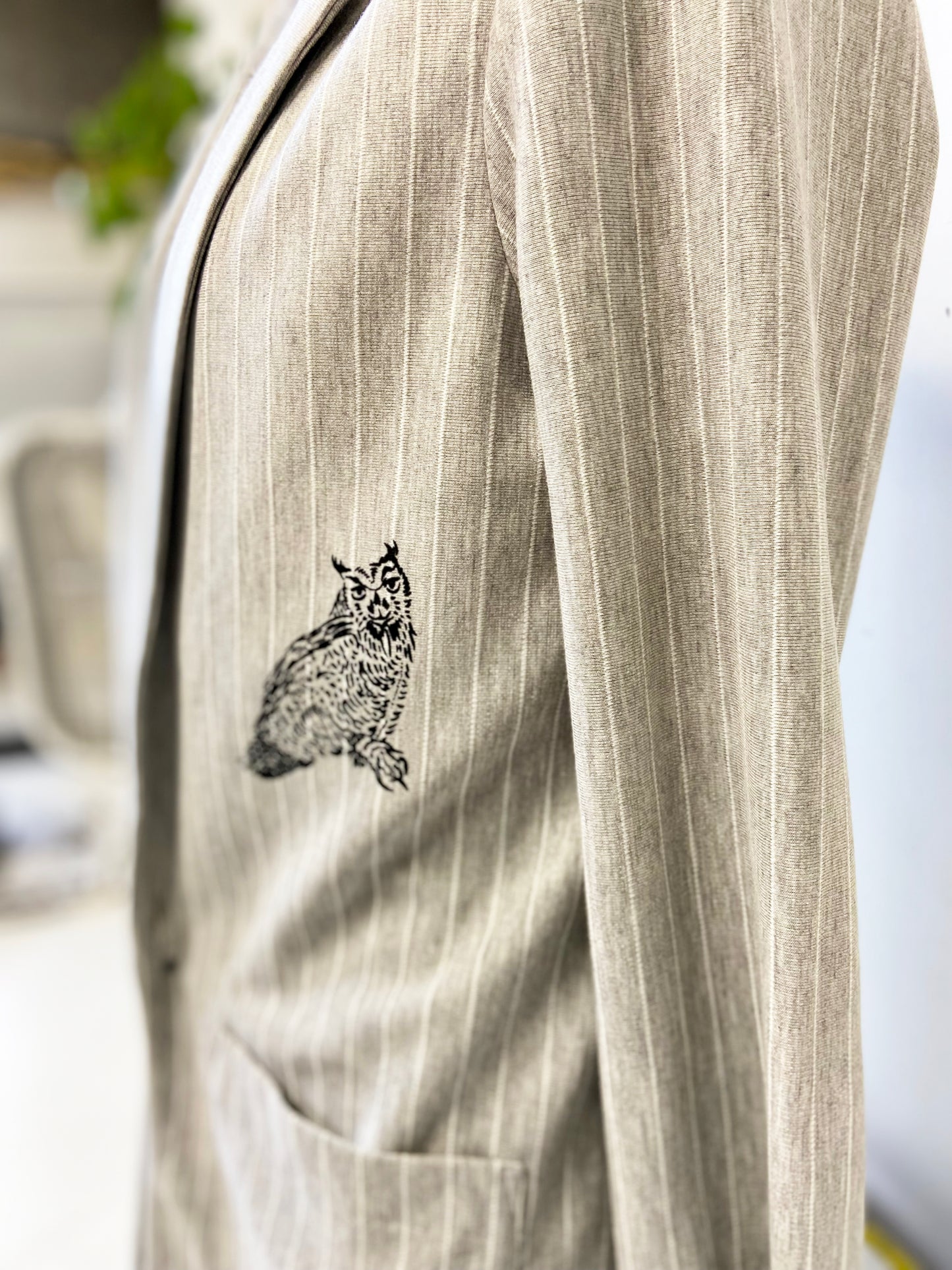 One of a Kind Hand Printed Owls on Light Grey Pinstriped Blazer