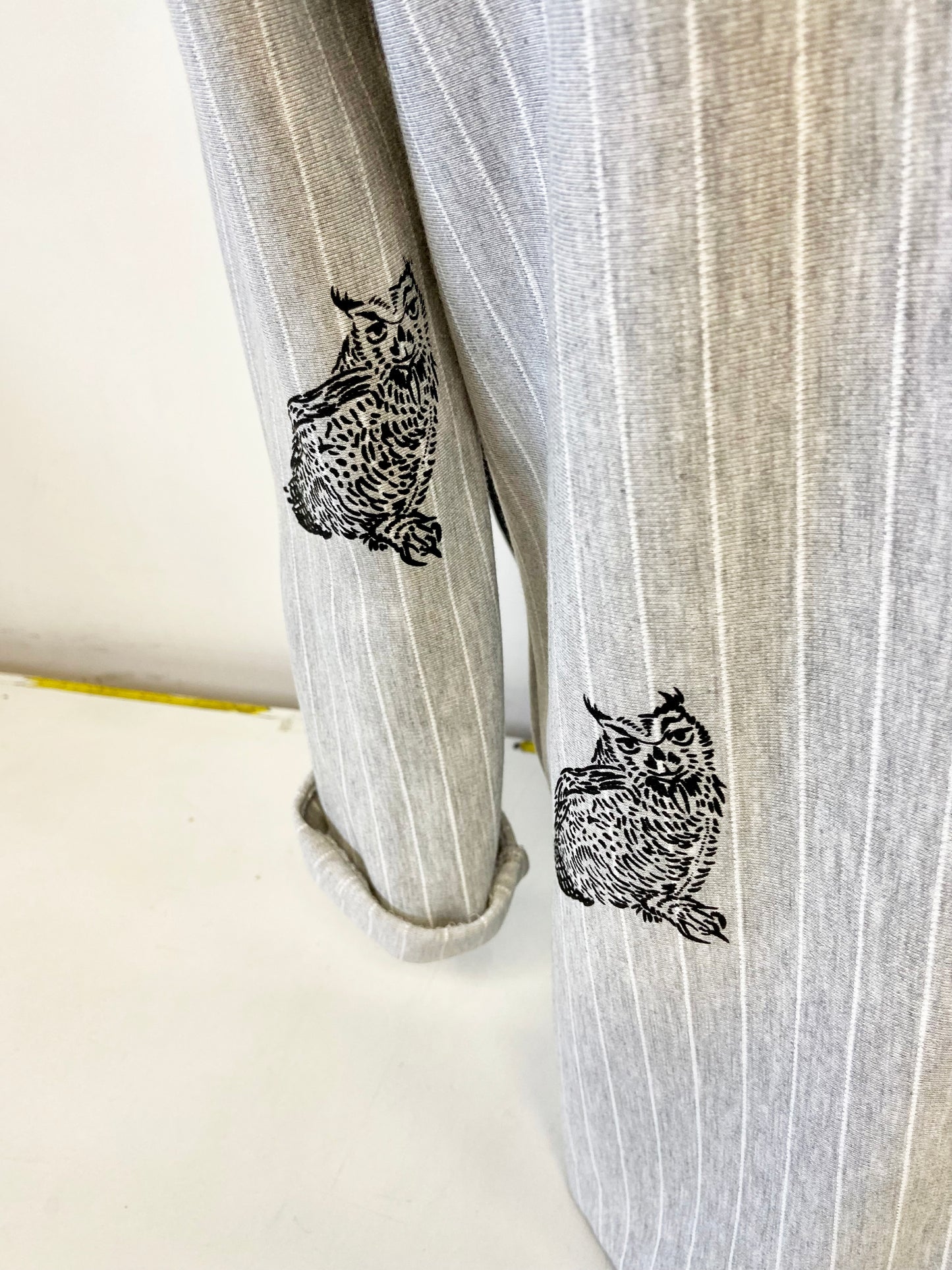 One of a Kind Hand Printed Owls on Light Grey Pinstriped Blazer