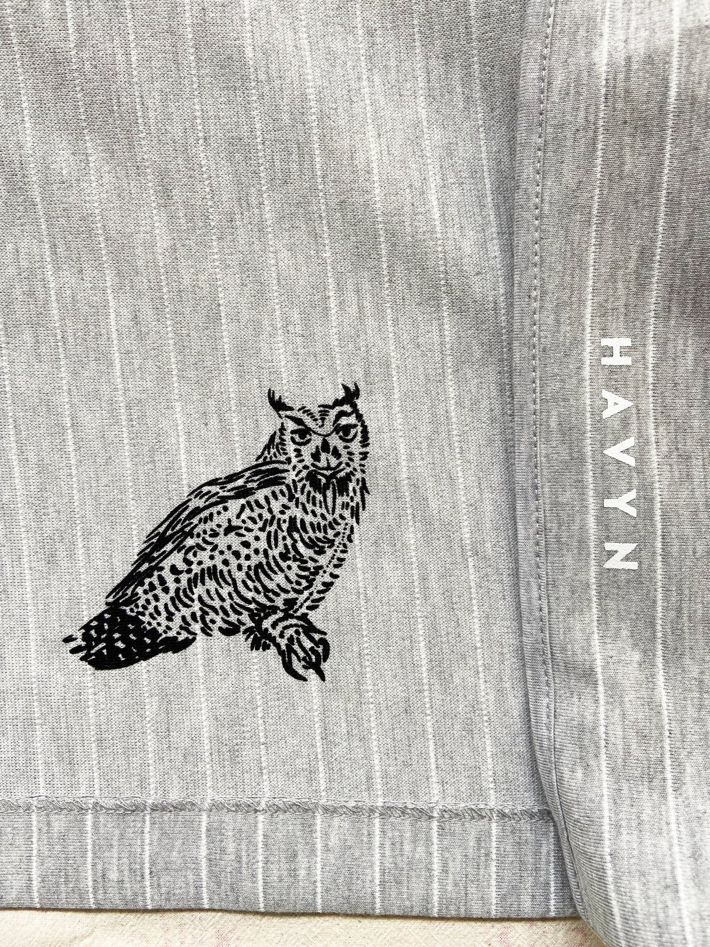 One of a Kind Hand Printed Owls on Light Grey Pinstriped Blazer