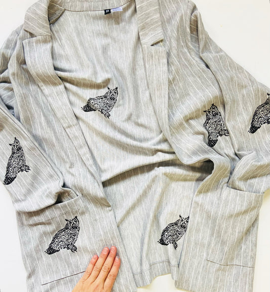 One of a Kind Hand Printed Owls on Light Grey Pinstriped Blazer