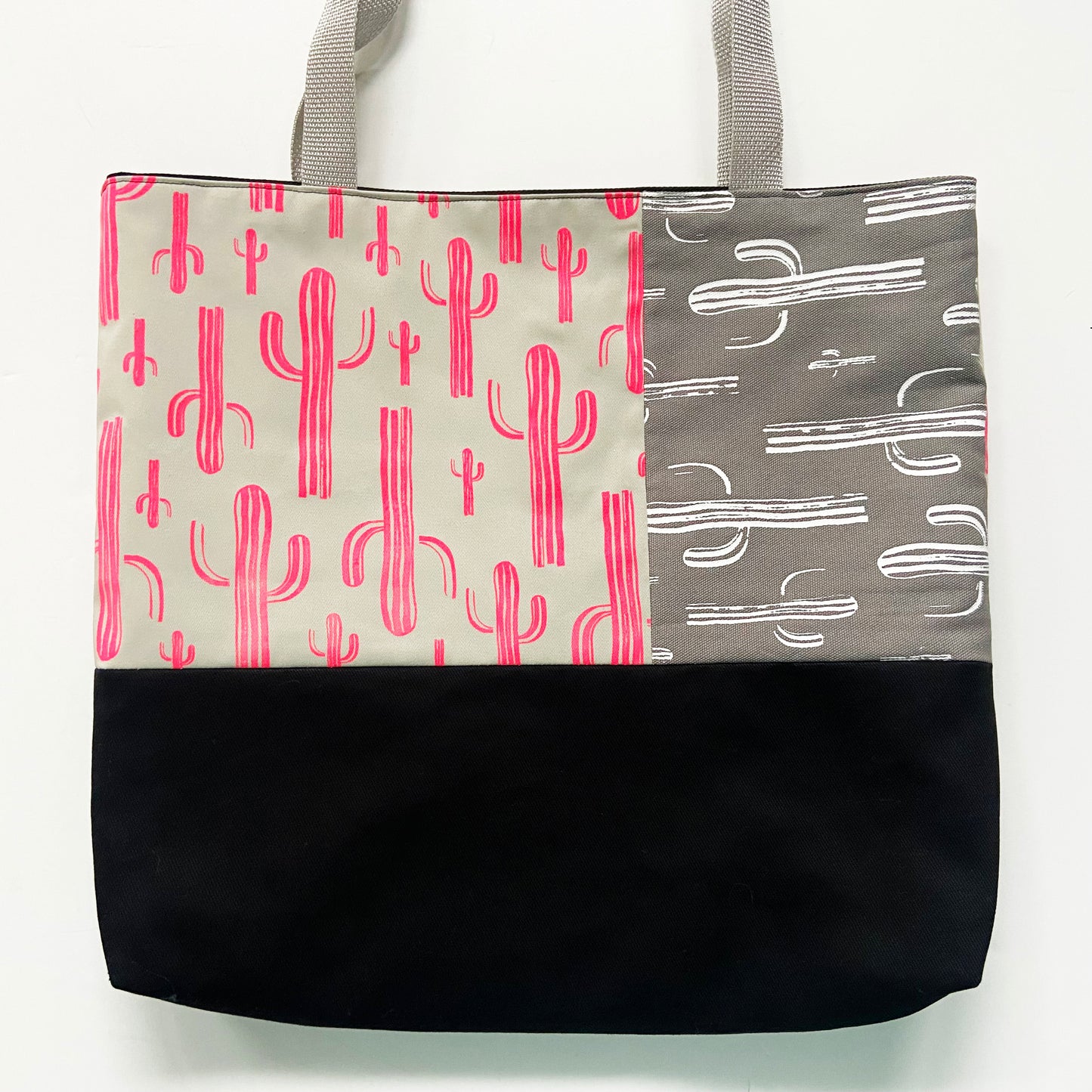 One of a Kind Tote Bag | Hand Made and Printed | Pink and Grey Cactus - 05
