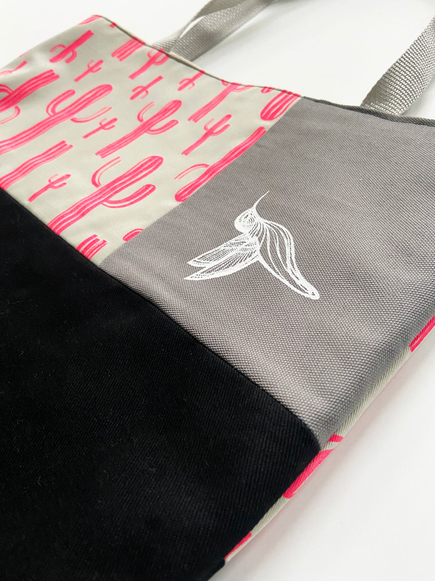 One of a Kind Tote Bag | Hand Made and Printed | Pink and Grey Cactus - 05