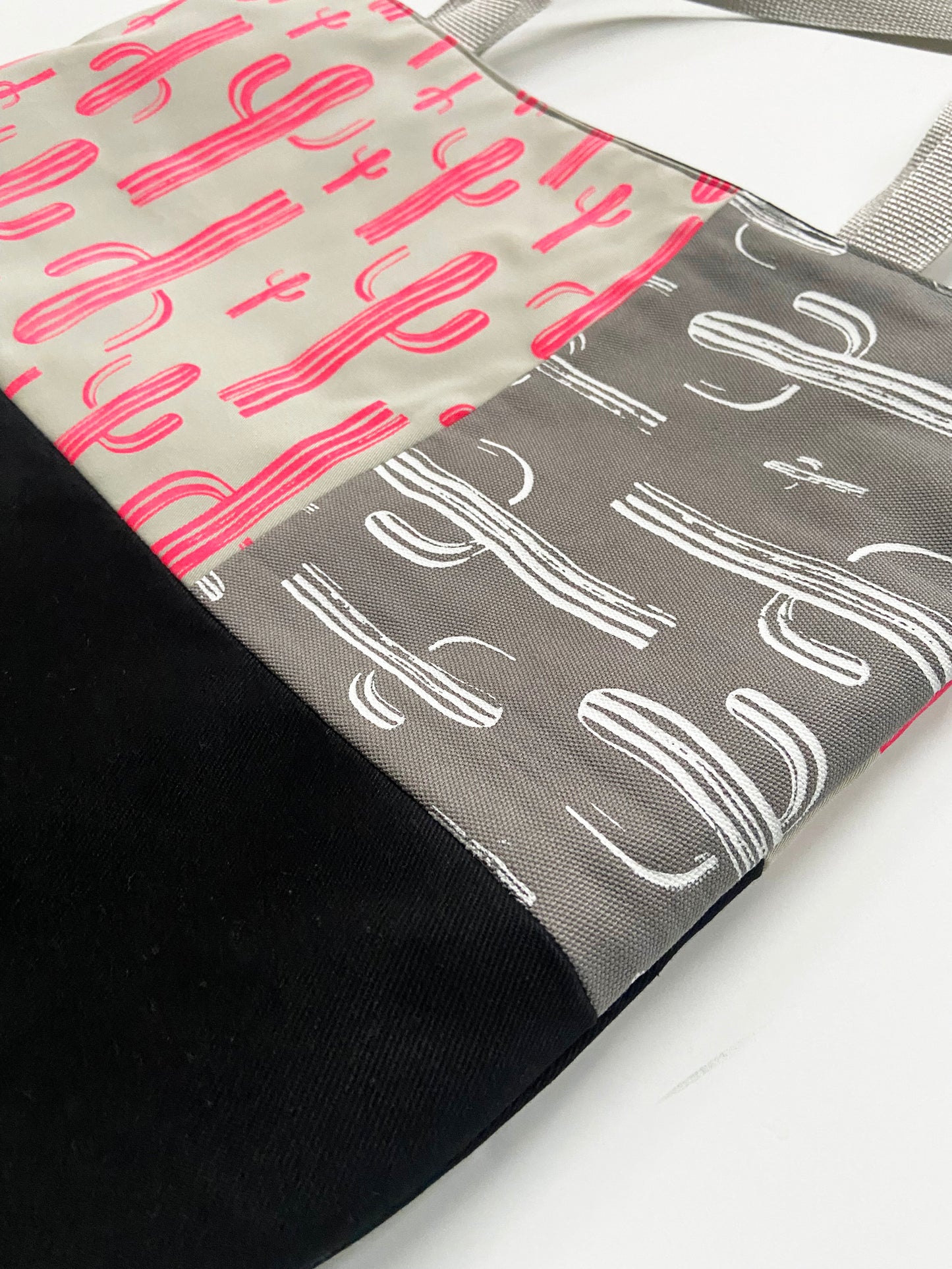 One of a Kind Tote Bag | Hand Made and Printed | Pink and Grey Cactus - 05