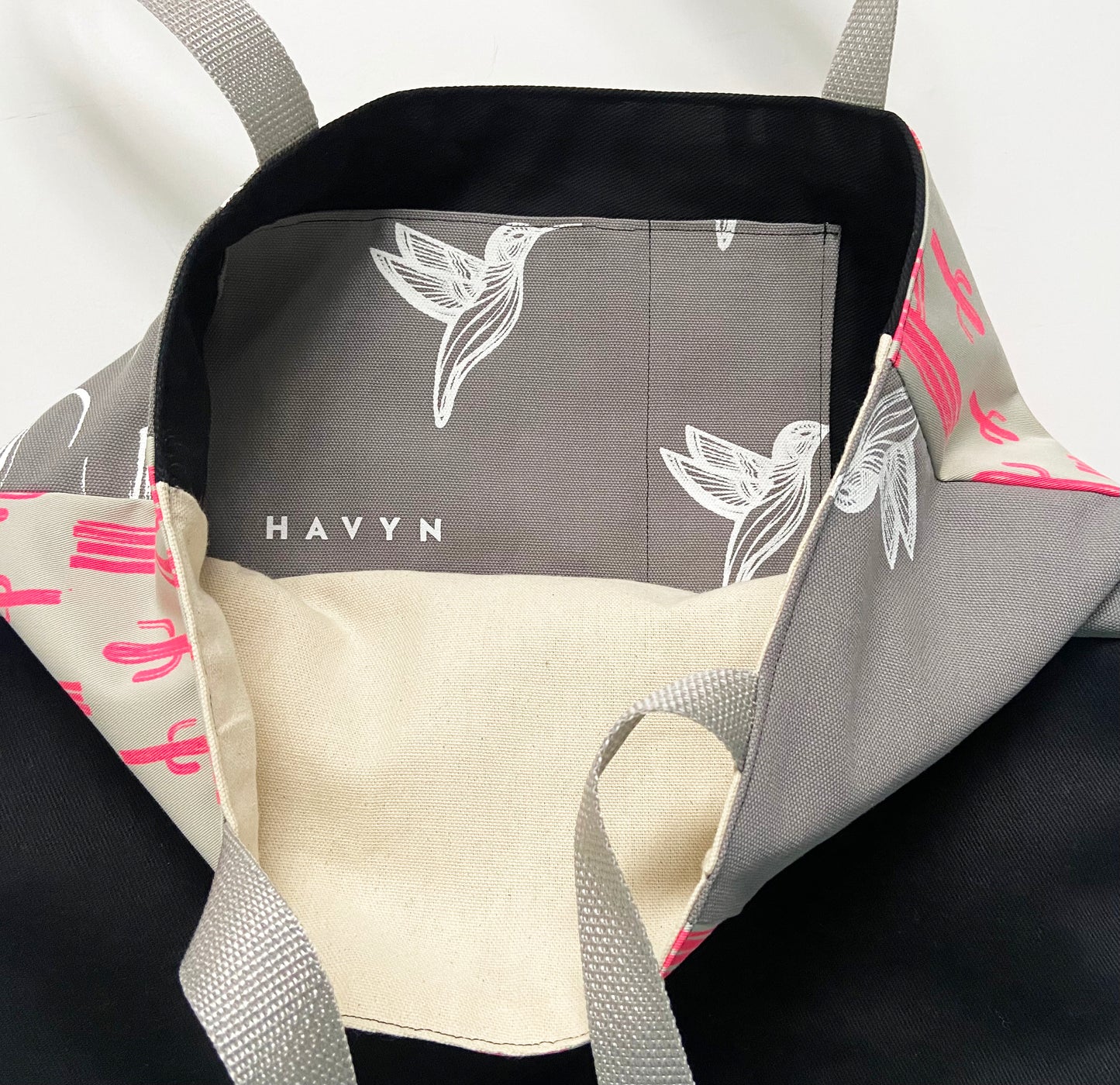 One of a Kind Tote Bag | Hand Made and Printed | Pink and Grey Cactus - 05