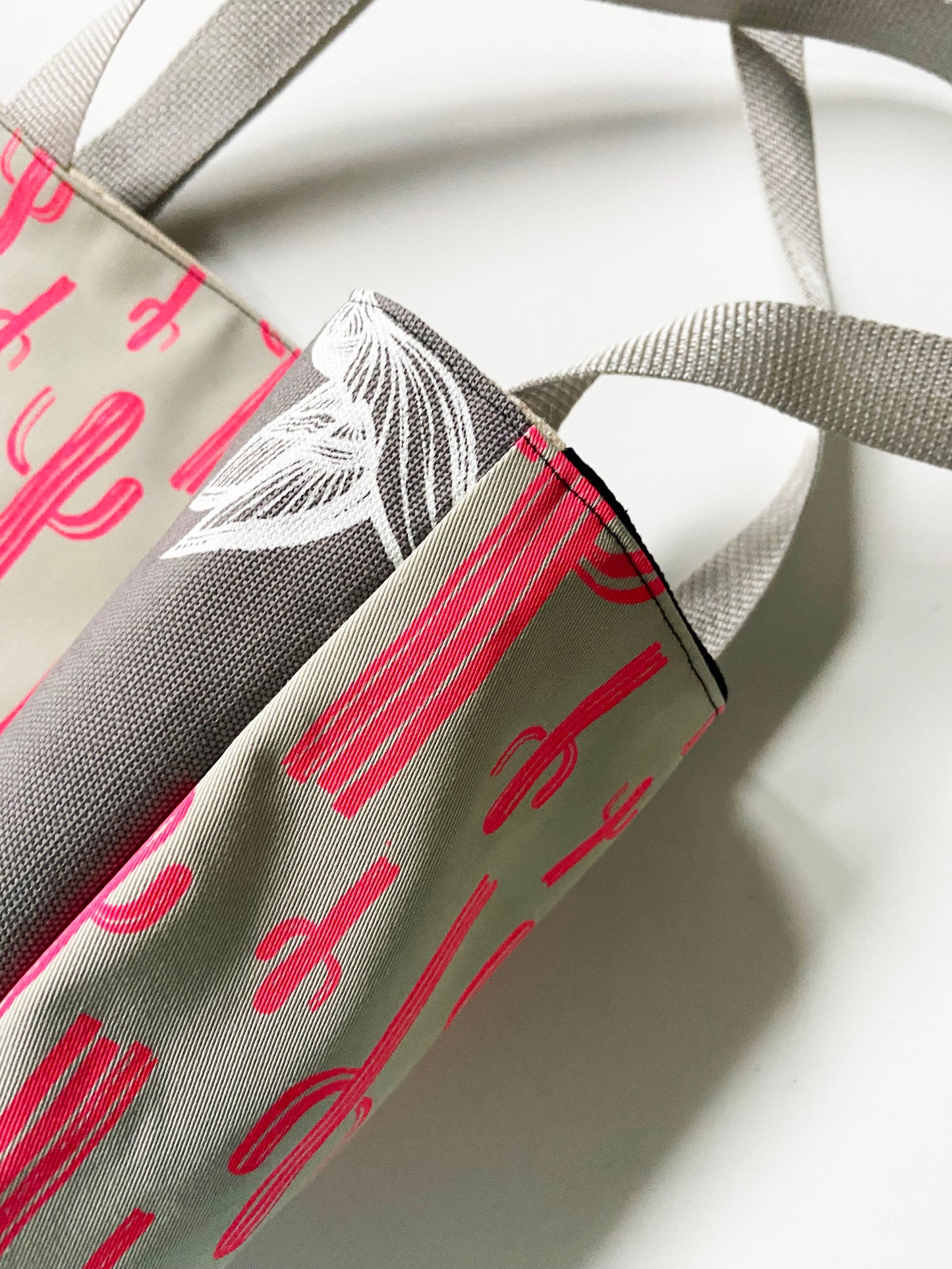 One of a Kind Tote Bag | Hand Made and Printed | Pink and Grey Cactus - 05