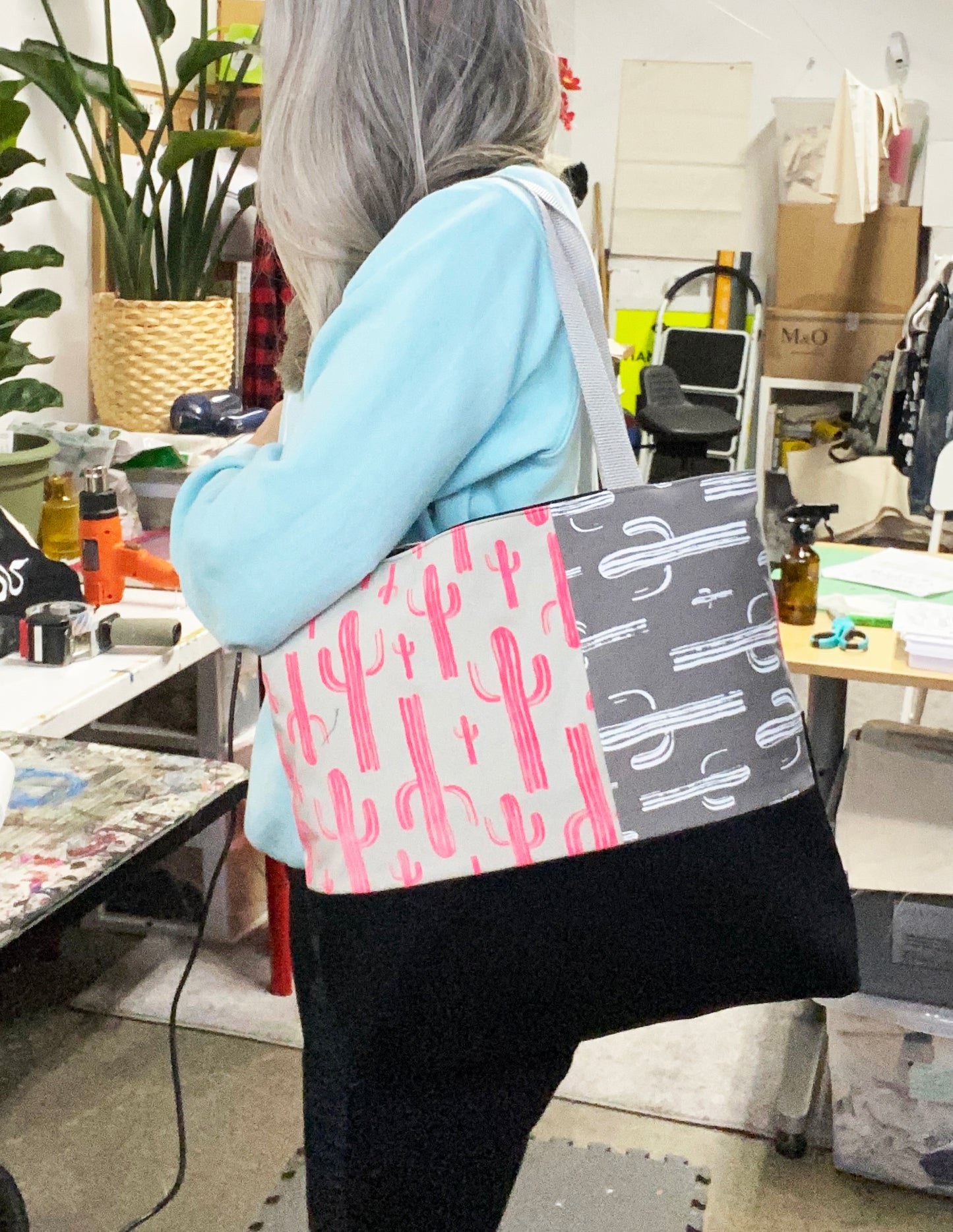 One of a Kind Tote Bag | Hand Made and Printed | Pink and Grey Cactus - 05