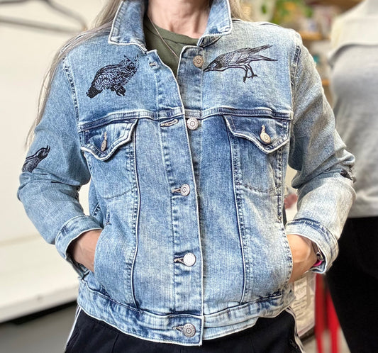 One of a Kind Upcycled Jean with Hand Printed Birds Owls and Ravens