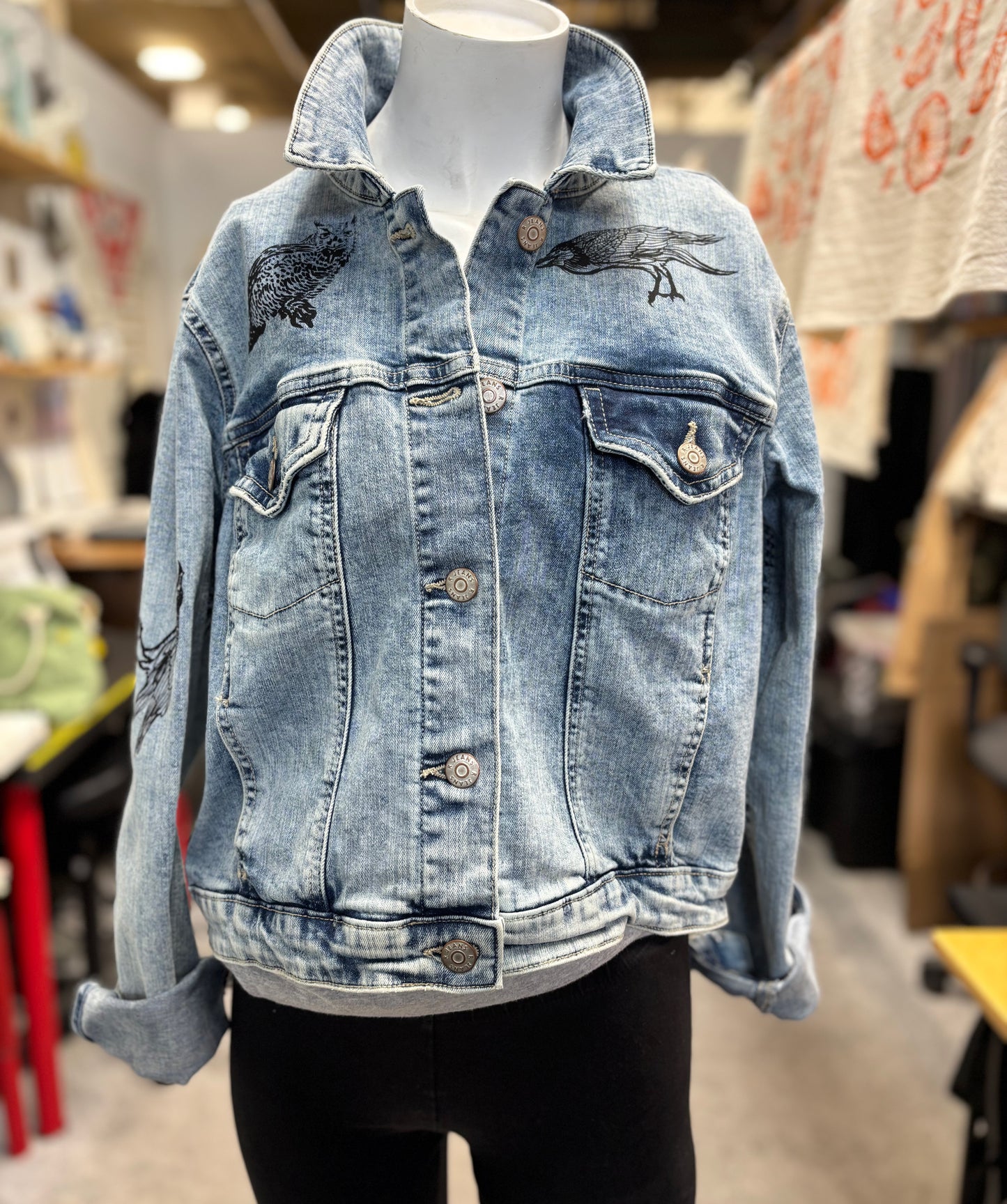 One of a Kind Upcycled Jean with Hand Printed Birds Owls and Ravens