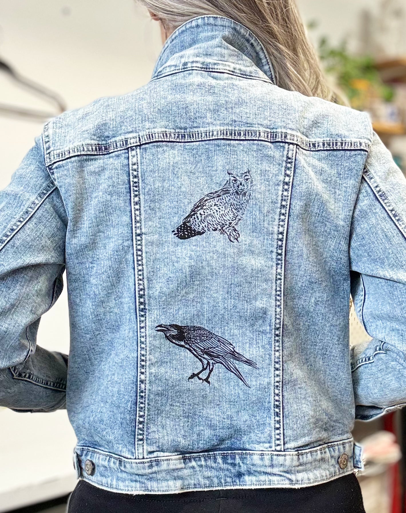 One of a Kind Upcycled Jean with Hand Printed Birds Owls and Ravens