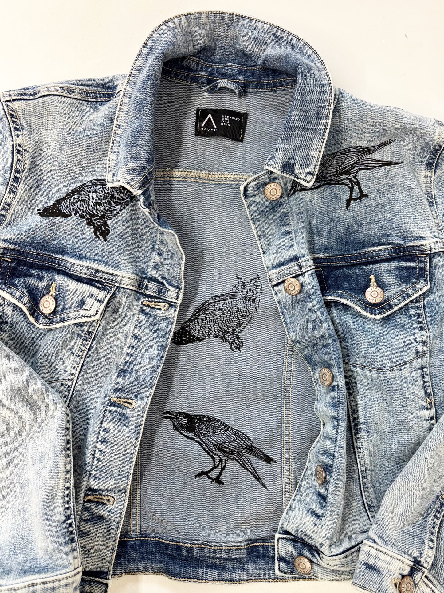 One of a Kind Upcycled Jean with Hand Printed Birds Owls and Ravens