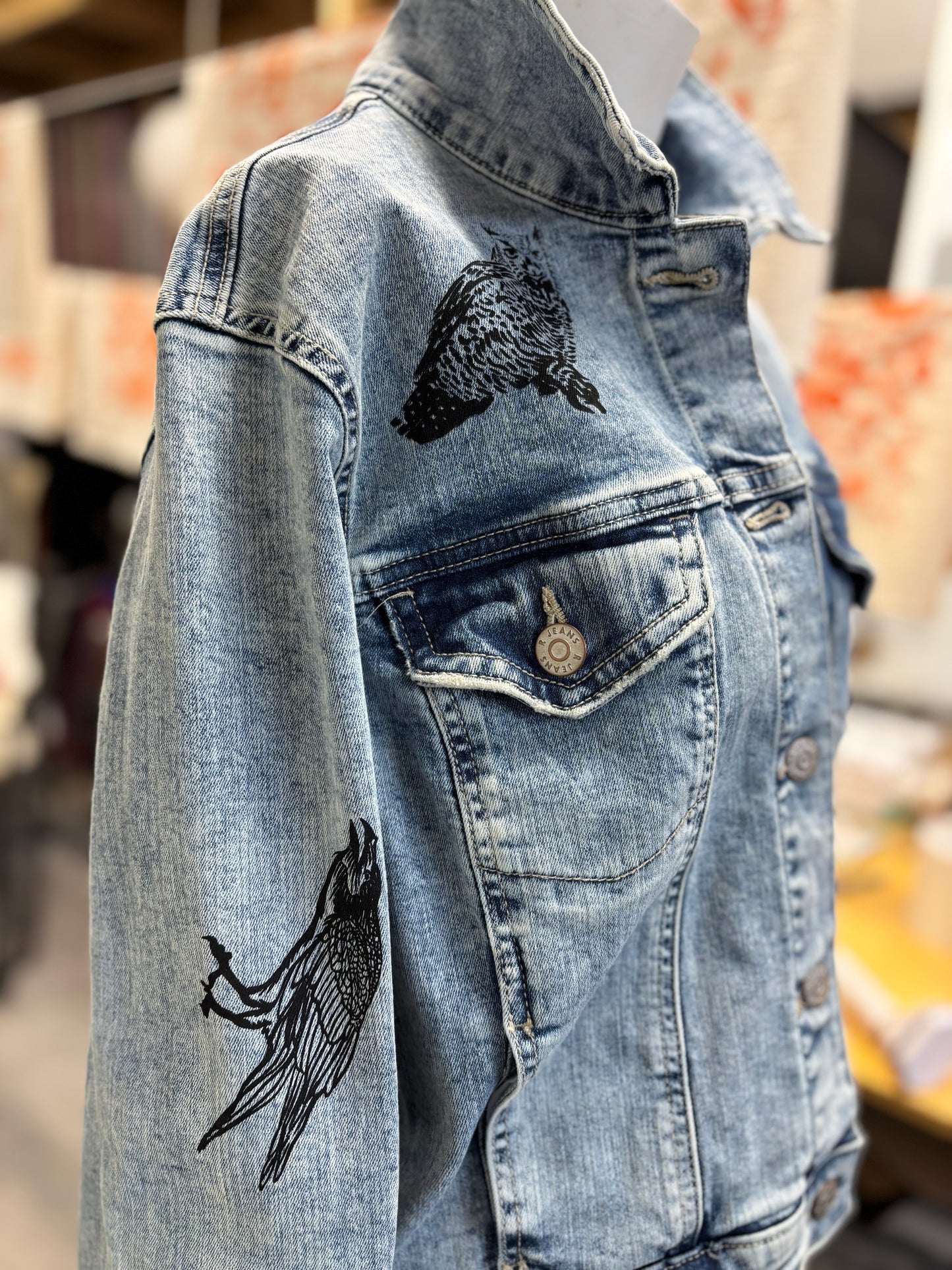 One of a Kind Upcycled Jean with Hand Printed Birds Owls and Ravens