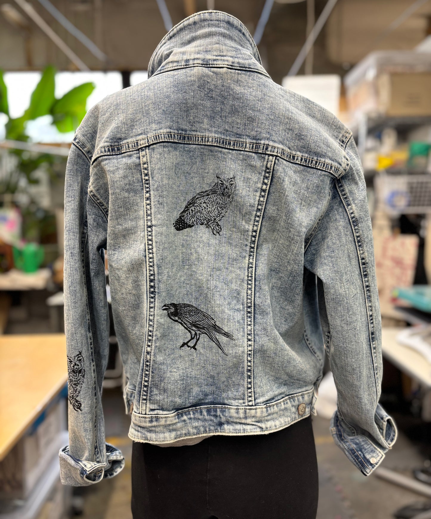 One of a Kind Upcycled Jean with Hand Printed Birds Owls and Ravens