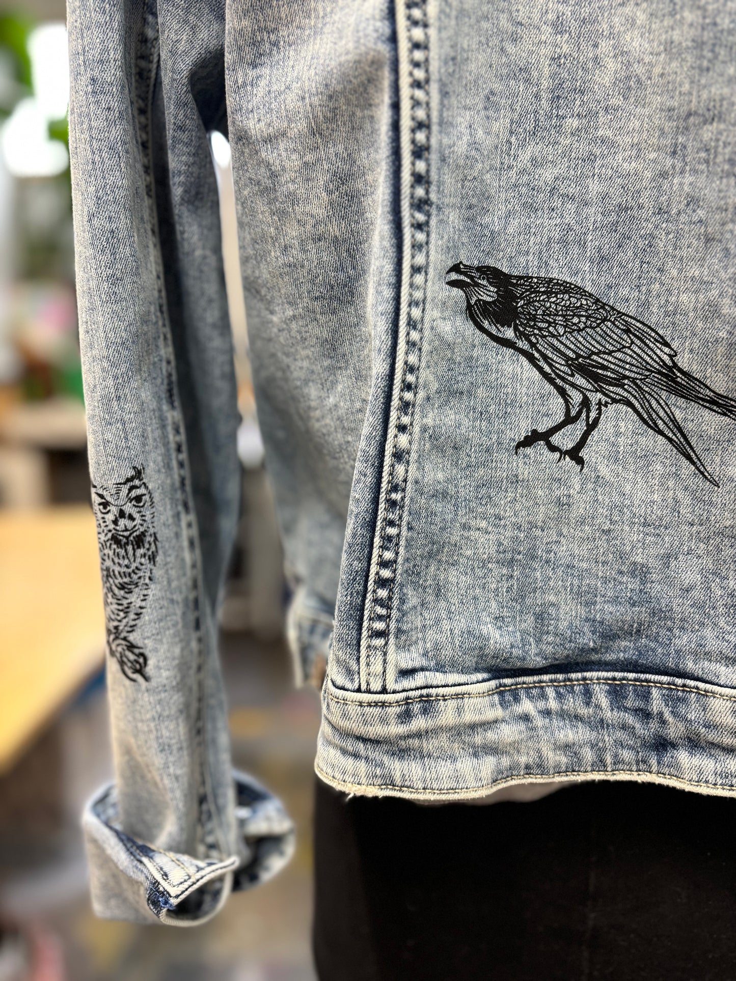 One of a Kind Upcycled Jean with Hand Printed Birds Owls and Ravens
