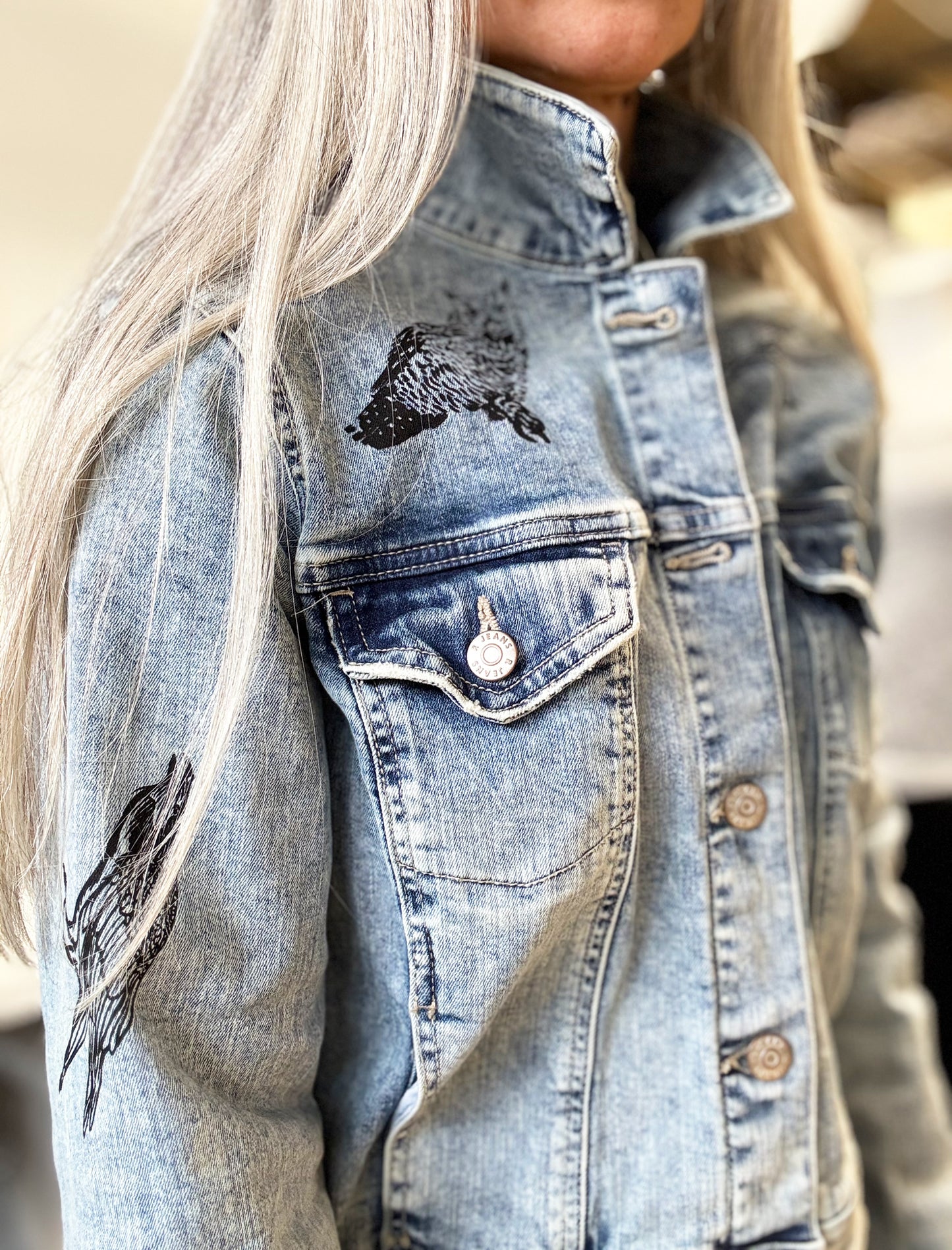 One of a Kind Upcycled Jean with Hand Printed Birds Owls and Ravens