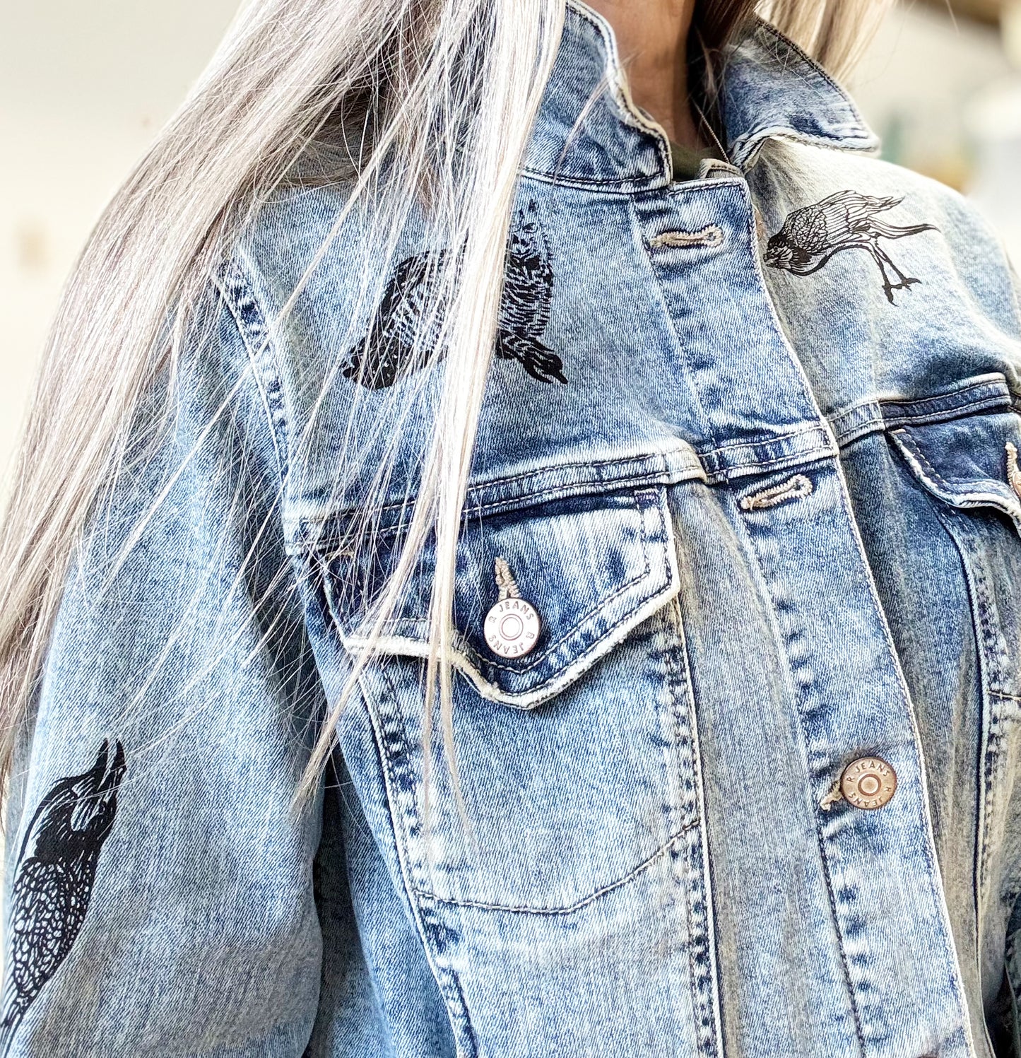 One of a Kind Upcycled Jean with Hand Printed Birds Owls and Ravens