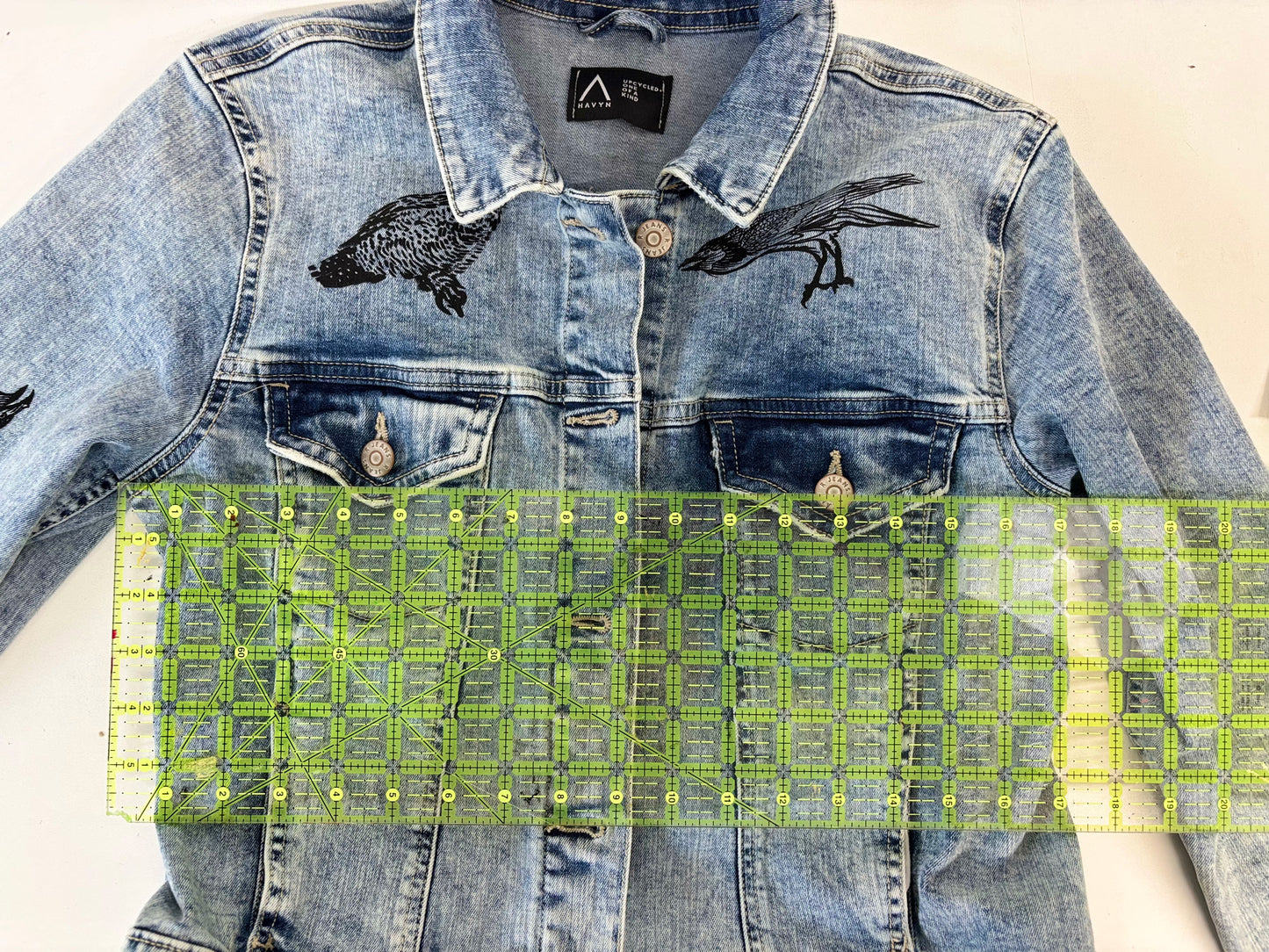 One of a Kind Upcycled Jean with Hand Printed Birds Owls and Ravens
