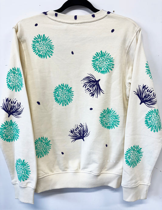 Cream Crewneck - Purple and Teal Flowers - Hand Printed - One of a Kind - Apparel