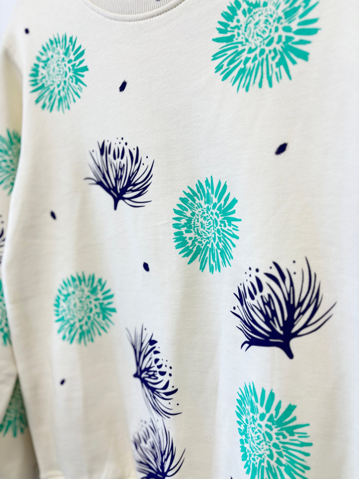 Cream Crewneck - Purple and Teal Flowers - Hand Printed - One of a Kind - Apparel