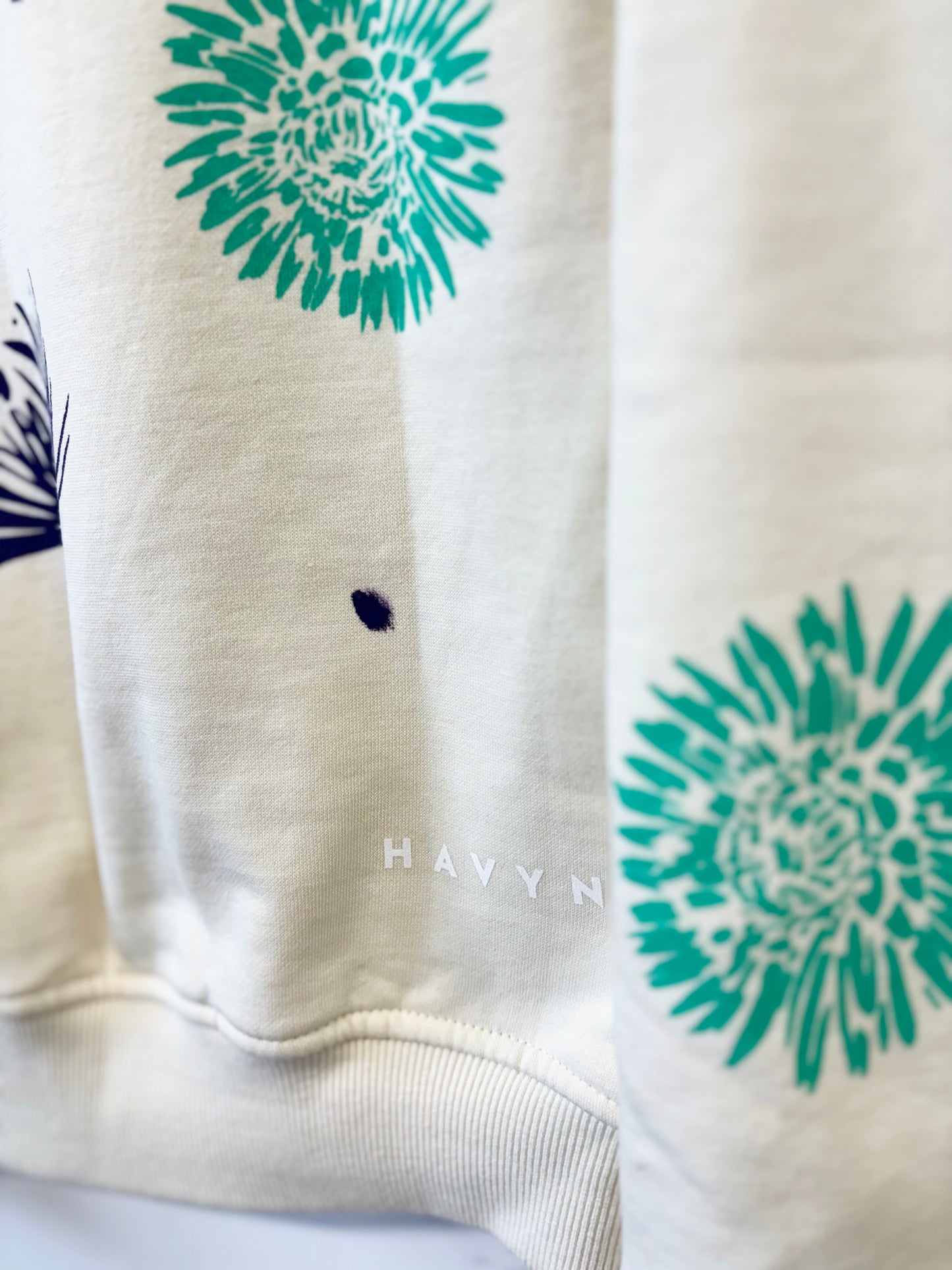 Cream Crewneck - Purple and Teal Flowers - Hand Printed - One of a Kind - Apparel