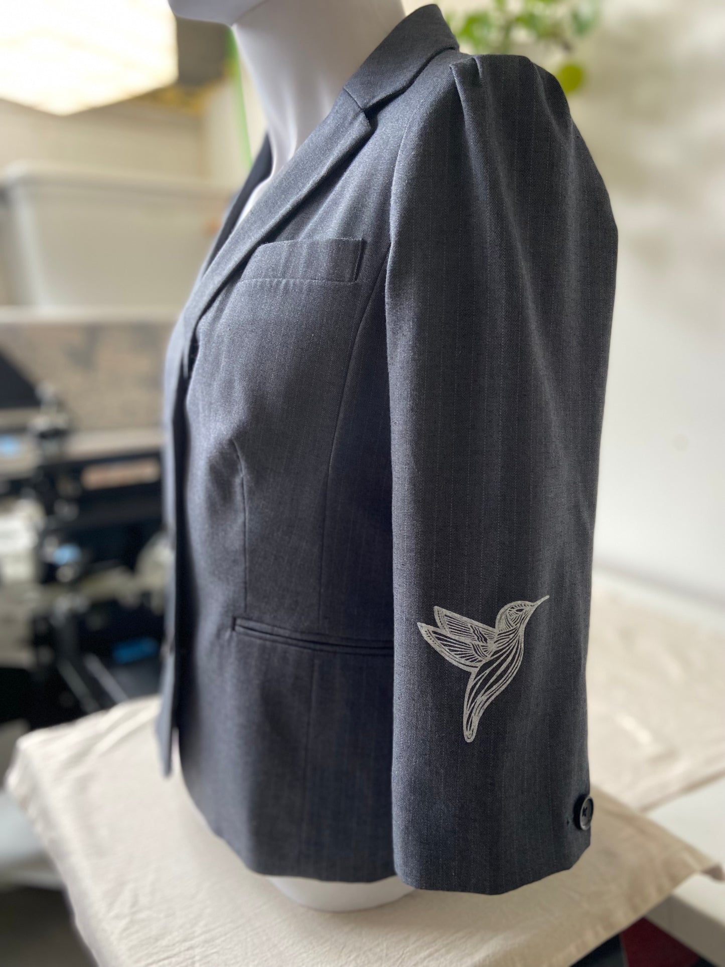 One of a Kind Hand Printed Hummingbirds on Pinstriped Blazer
