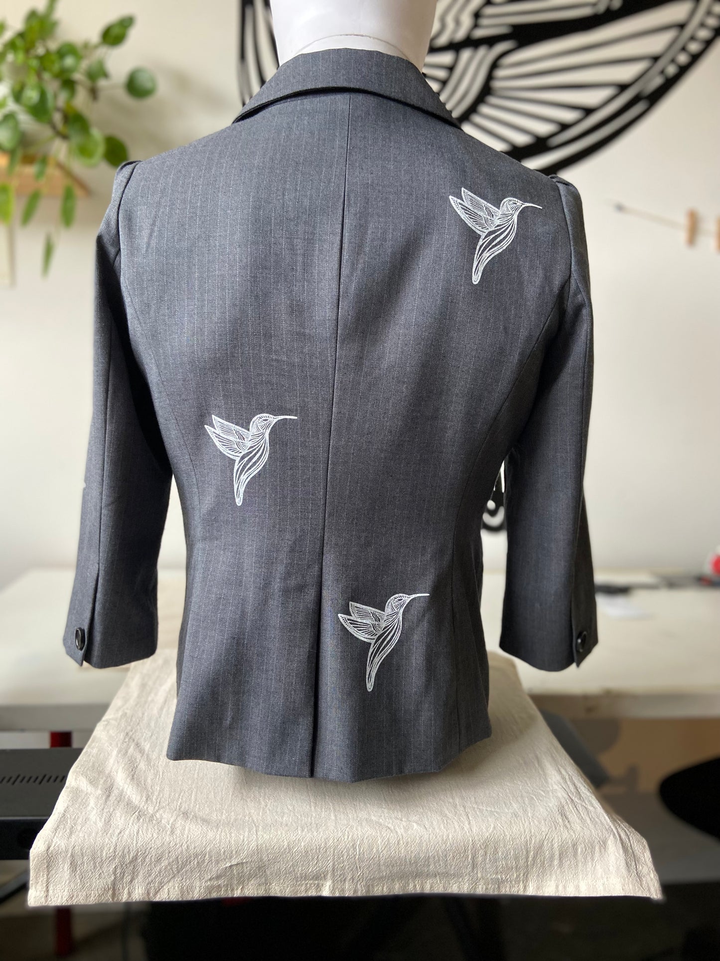 One of a Kind Hand Printed Hummingbirds on Pinstriped Blazer