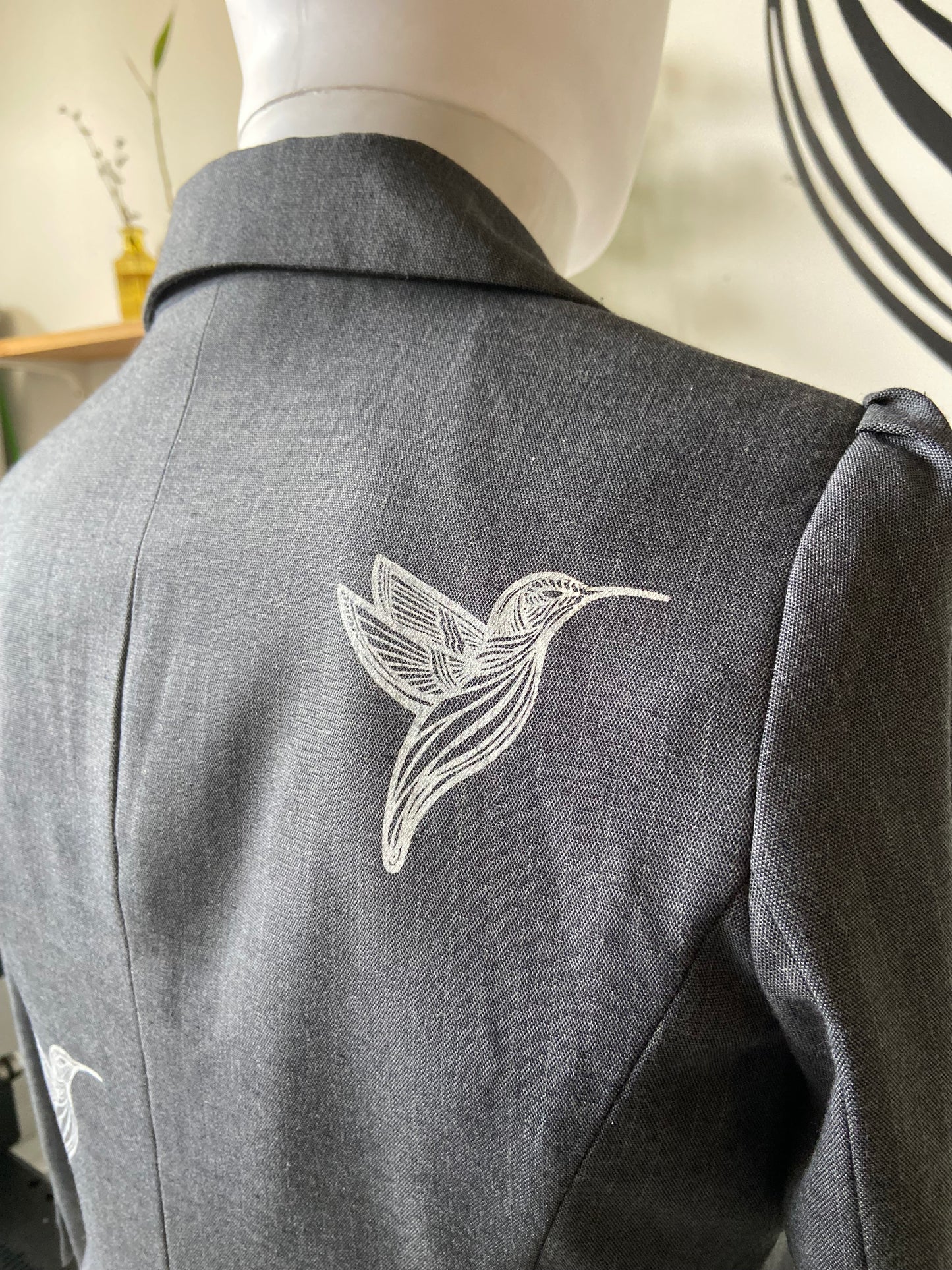 One of a Kind Hand Printed Hummingbirds on Pinstriped Blazer