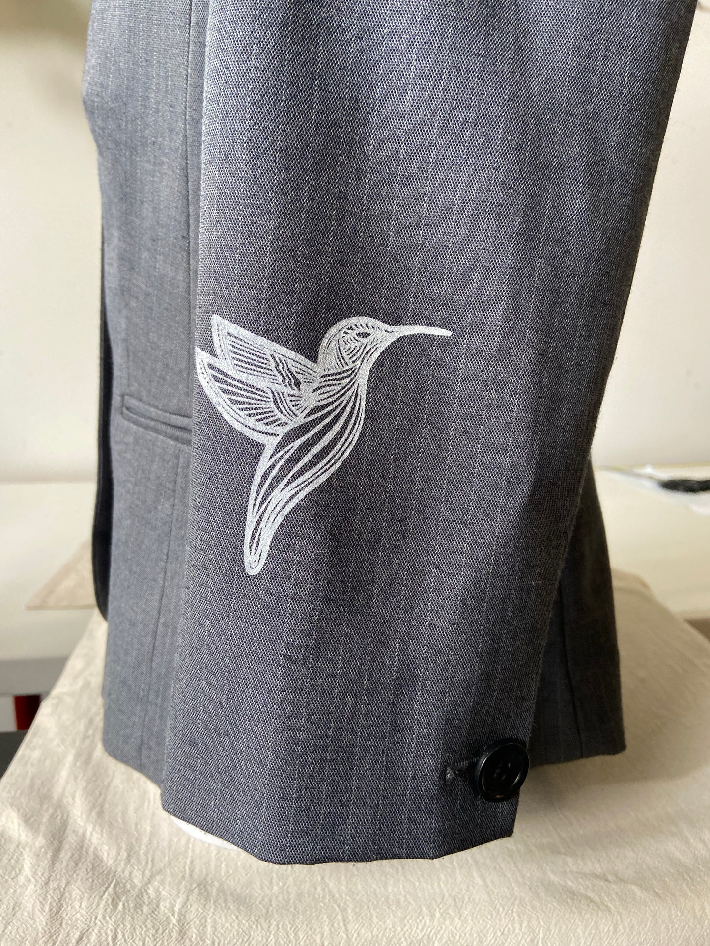 One of a Kind Hand Printed Hummingbirds on Pinstriped Blazer