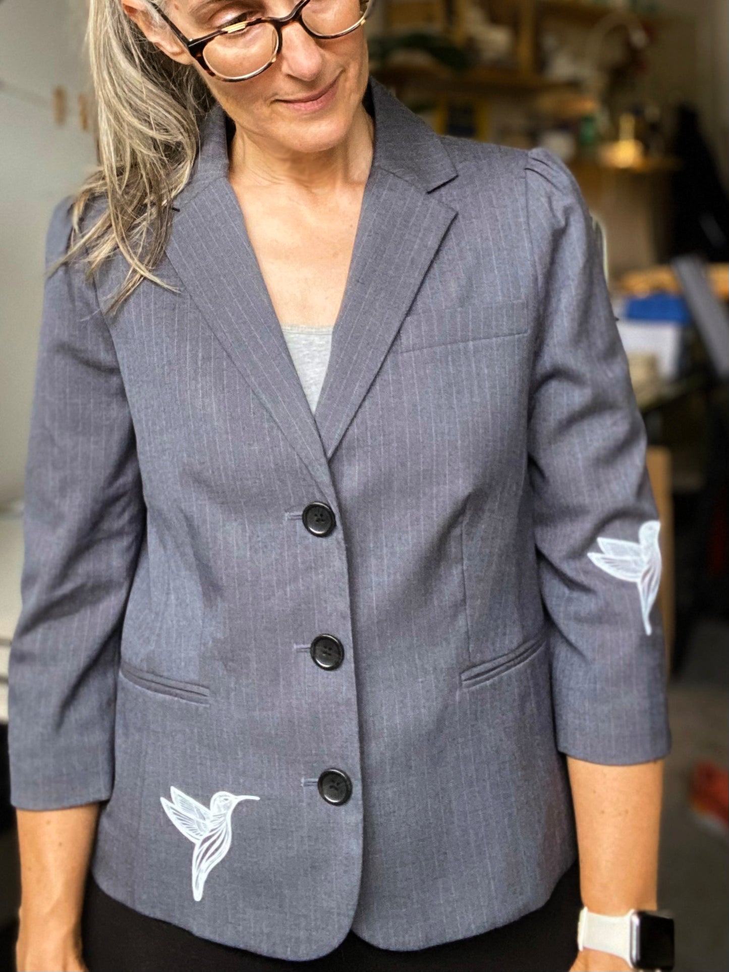 One of a Kind Hand Printed Hummingbirds on Pinstriped Blazer