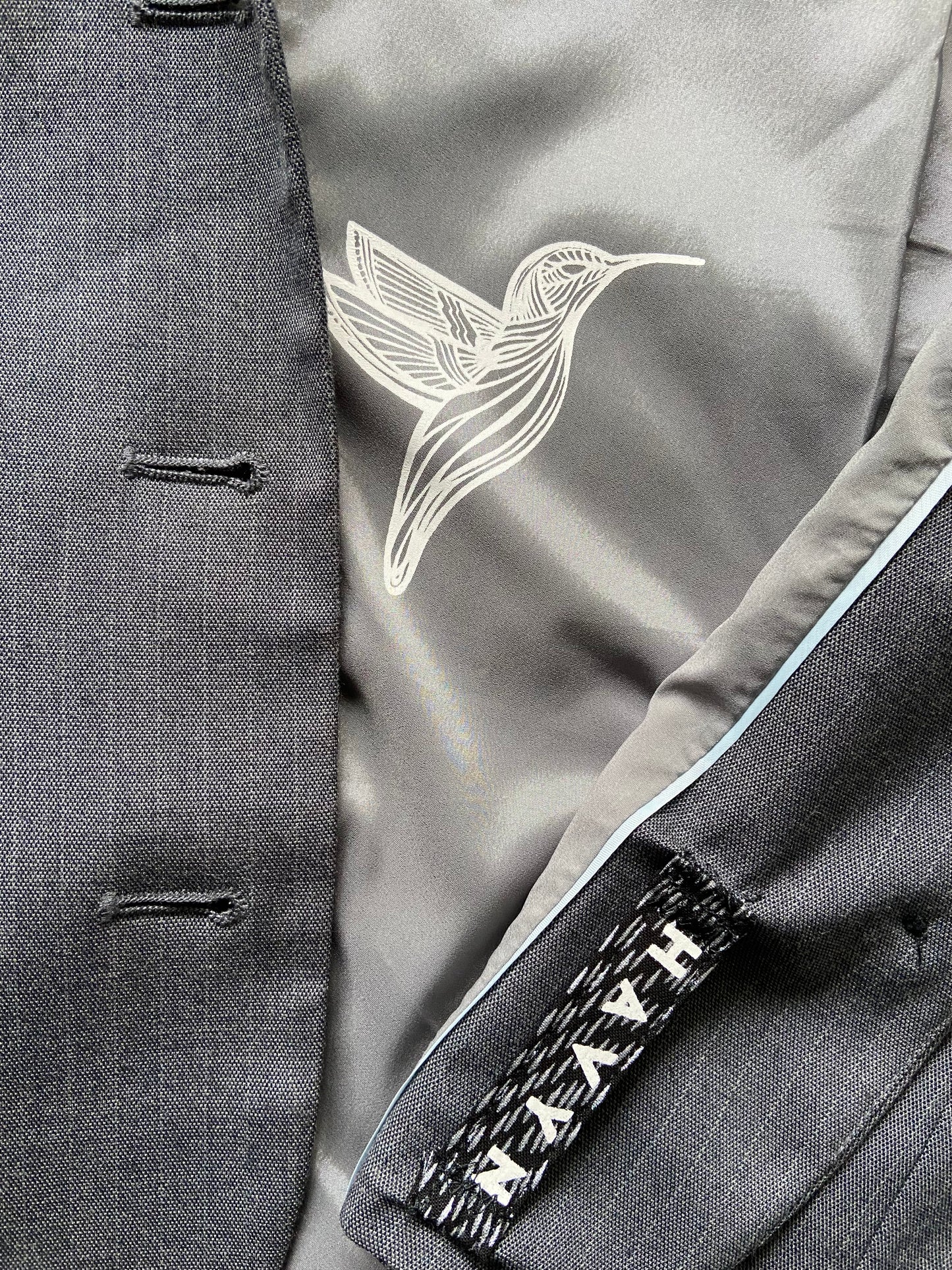 One of a Kind Hand Printed Hummingbirds on Pinstriped Blazer