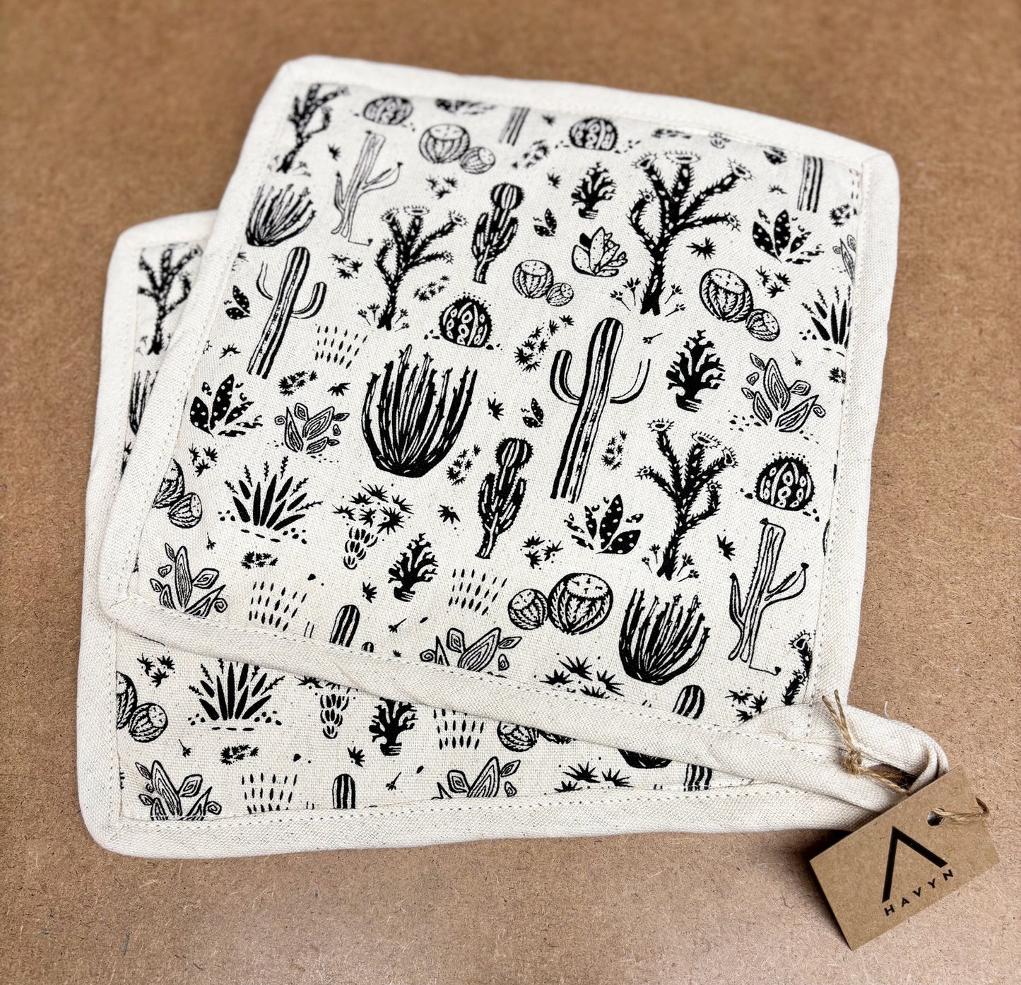 Pot Holder Set of 2 Hand Screen Printed Natural - Desert Cactus