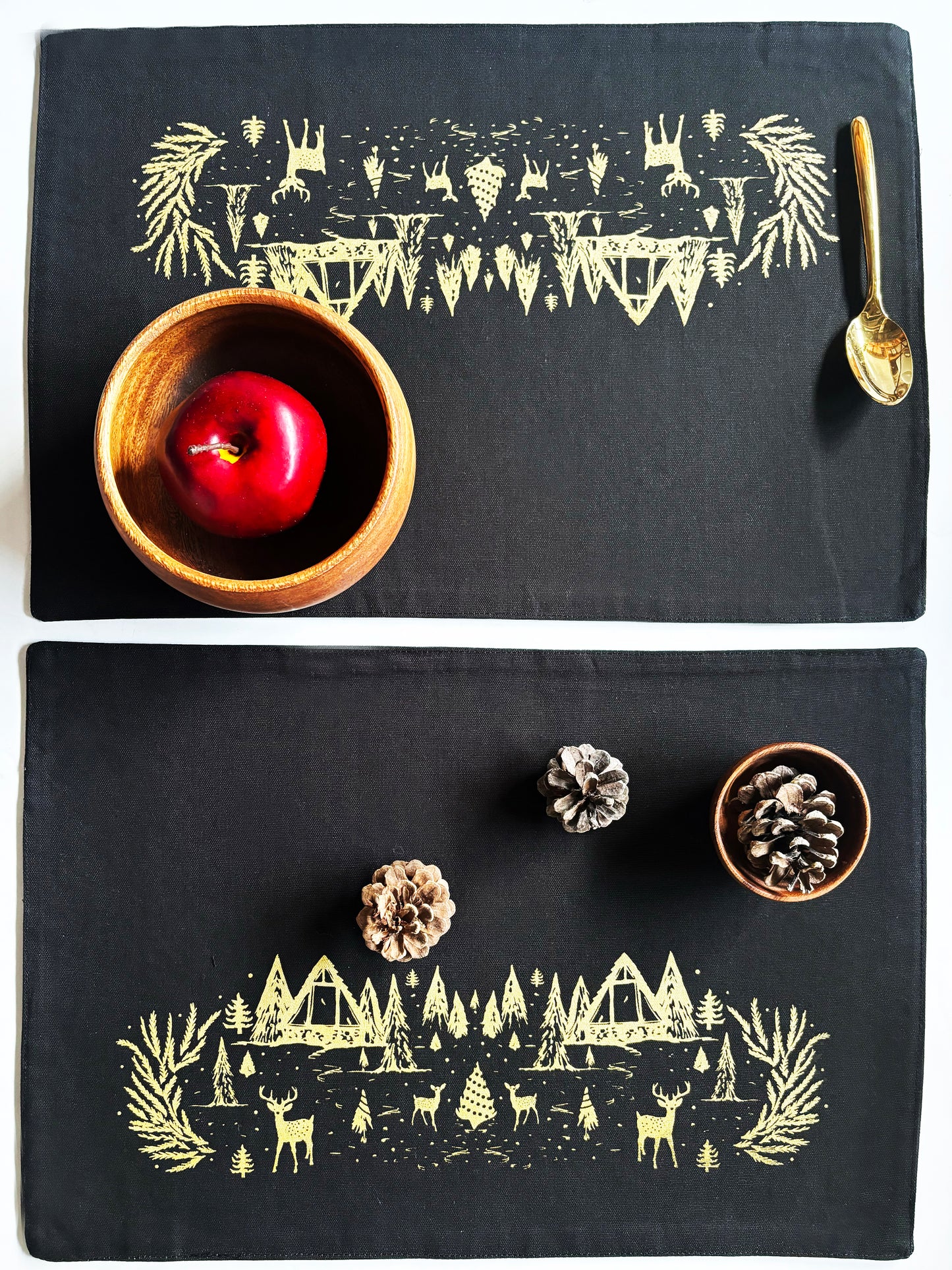 Winter Scene Gold Placemats Black Cotton Canvas 13x19 Set of 2