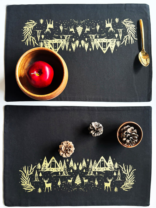 Winter Scene Gold Placemats Black Cotton Canvas 13x19 Set of 2