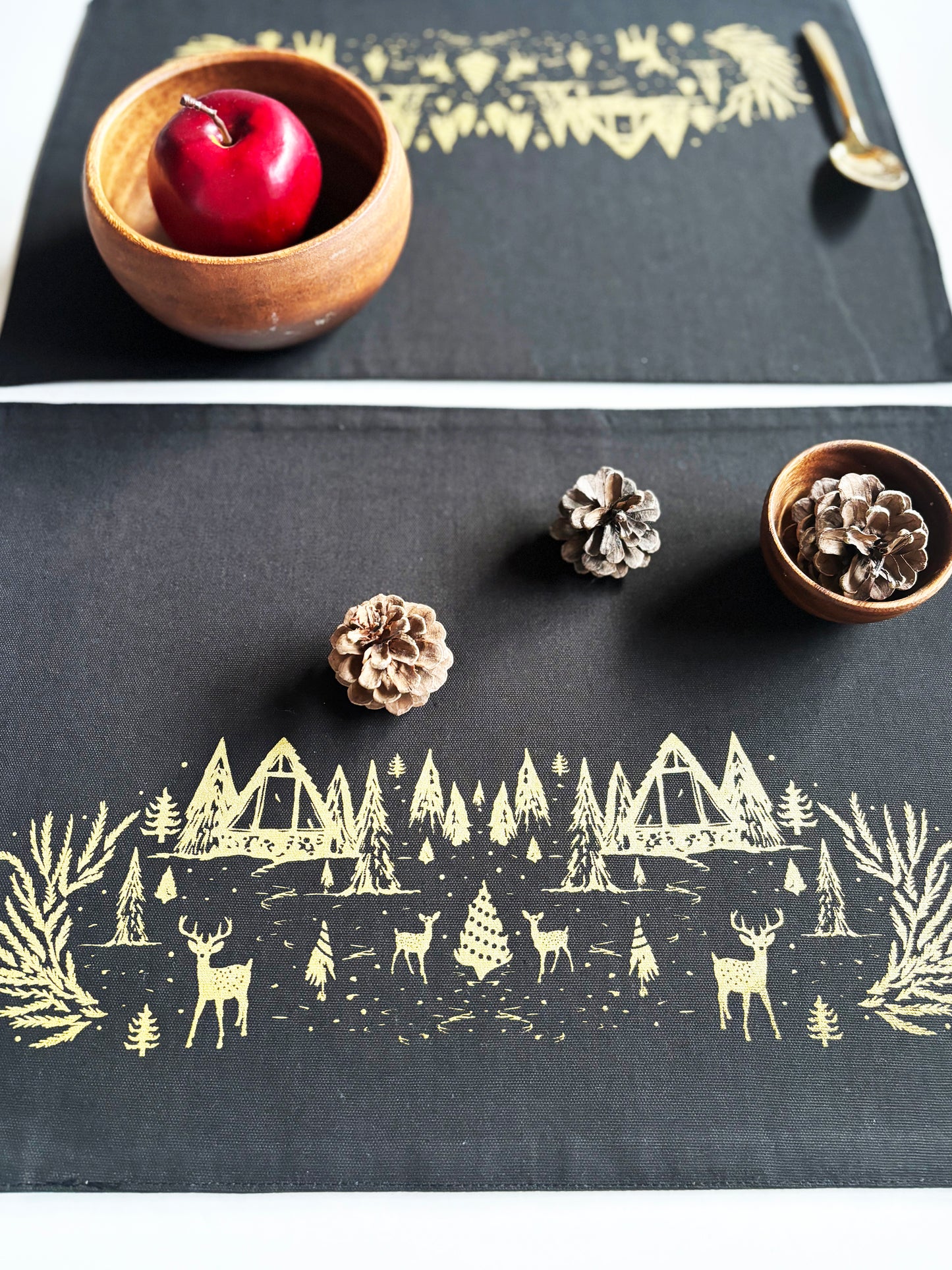 Winter Scene Gold Placemats Black Cotton Canvas 13x19 Set of 2