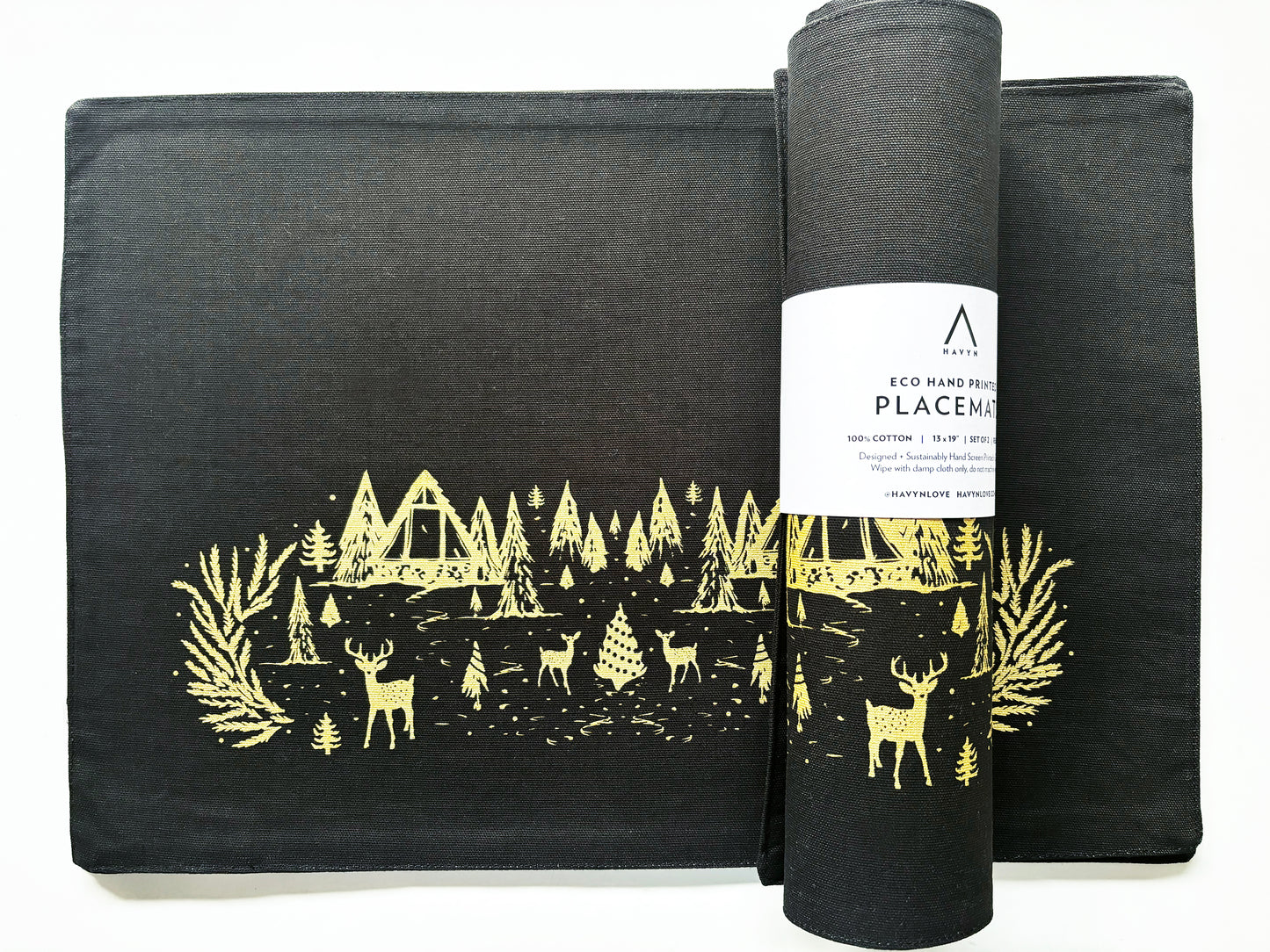 Winter Scene Gold Placemats Black Cotton Canvas 13x19 Set of 2
