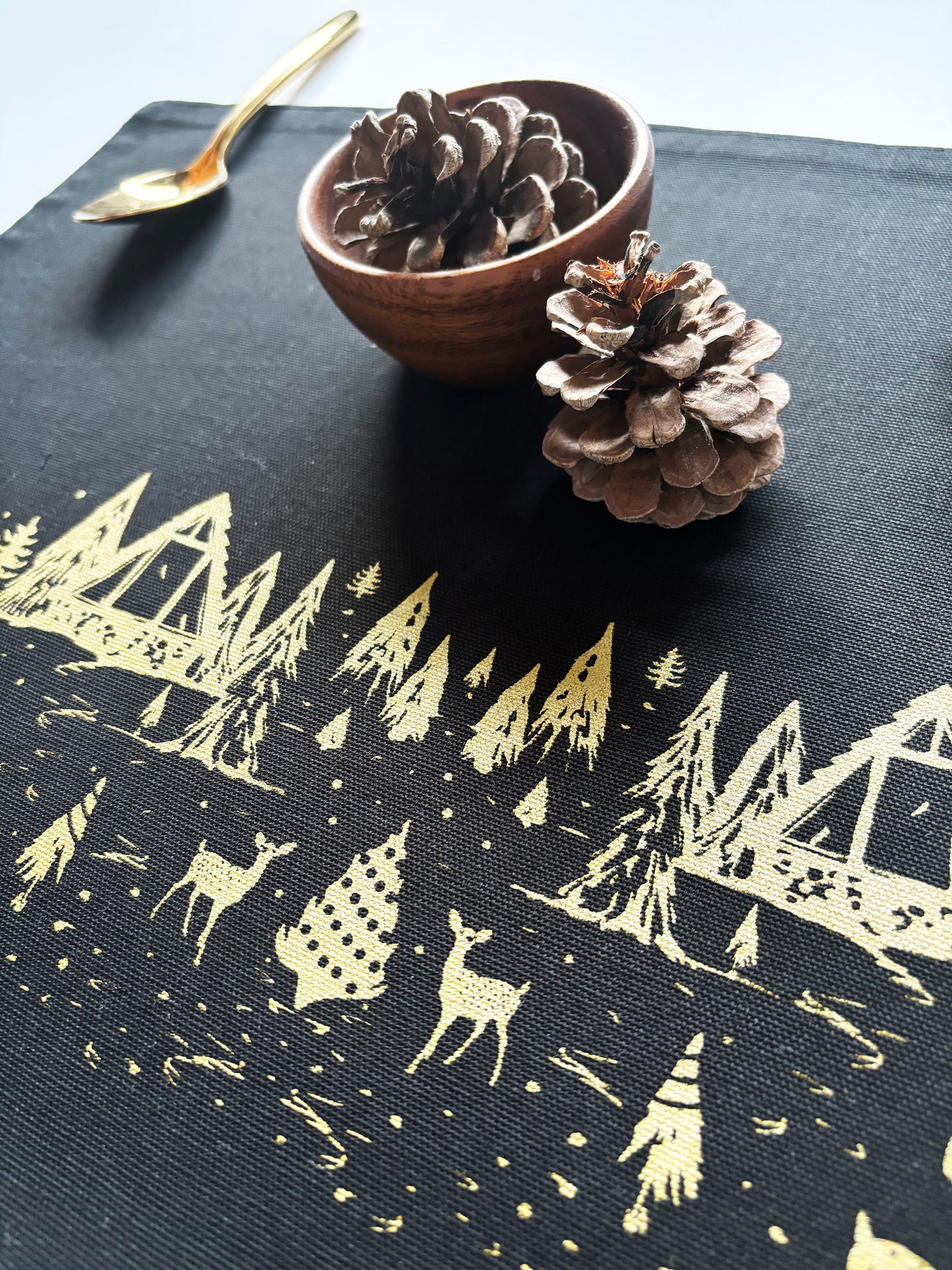Winter Scene Gold Placemats Black Cotton Canvas 13x19 Set of 2