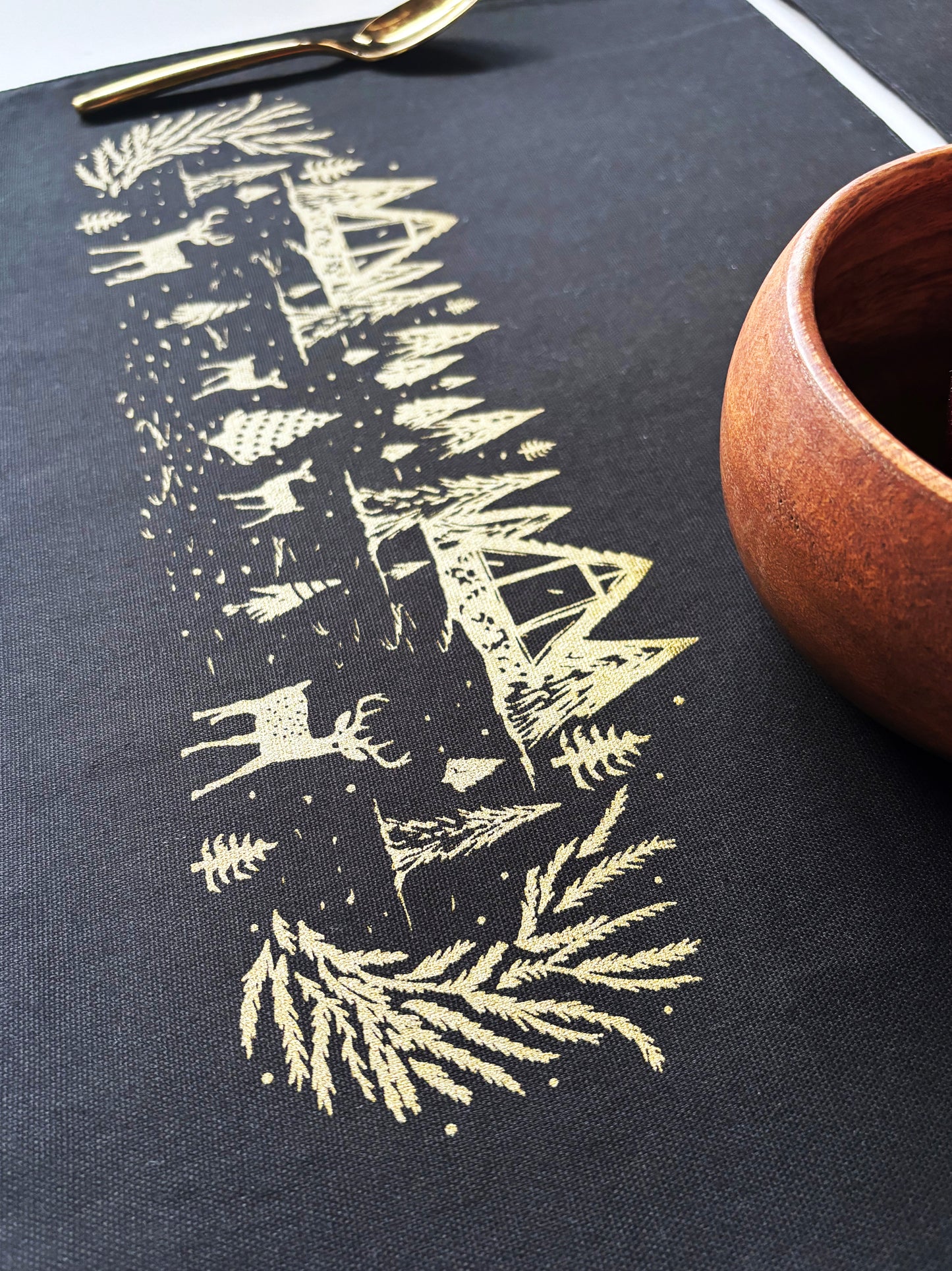 Winter Scene Gold Placemats Black Cotton Canvas 13x19 Set of 2