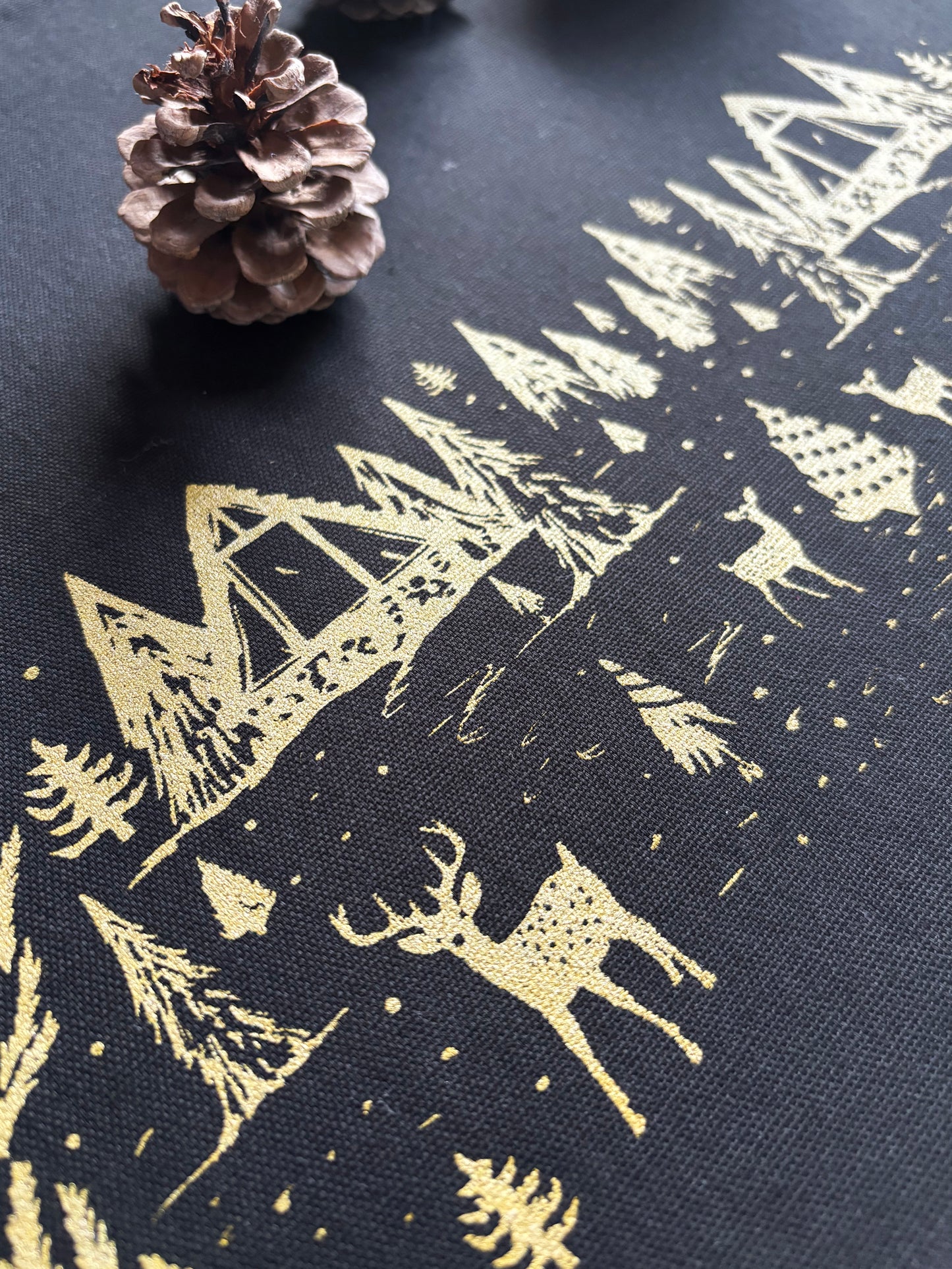 Winter Scene Gold Placemats Black Cotton Canvas 13x19 Set of 2