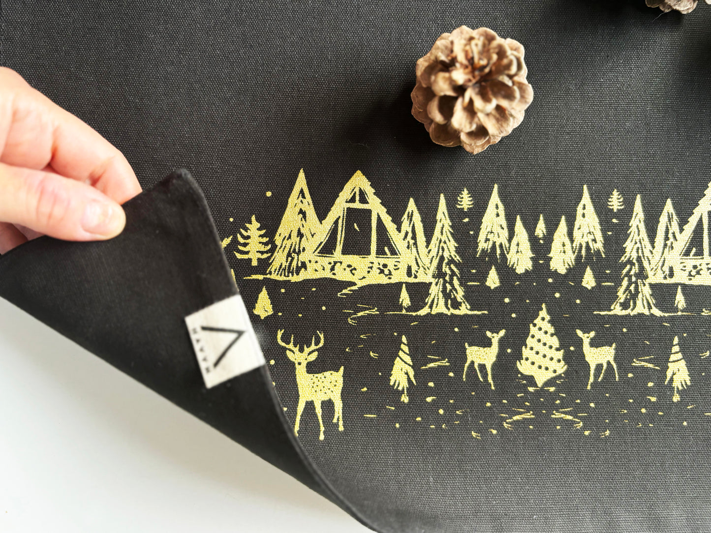 Winter Scene Gold Placemats Black Cotton Canvas 13x19 Set of 2
