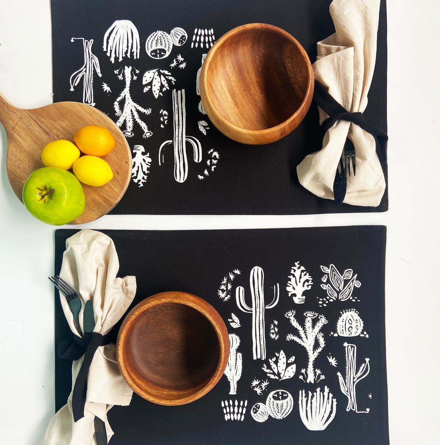 Desert Cactus Placemats Black Cotton Canvas 13x19 Set of 2