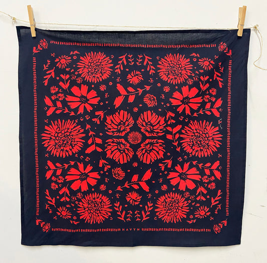 Red/Pink Flower Pattern Bandana | 100% Cotton | Hand Screen Printed | 22 x22 inches | All-Over Print Bandana