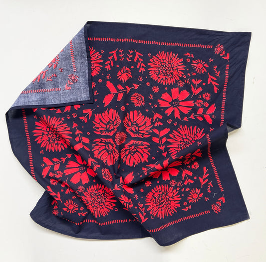 Red/Pink Flower Pattern Bandana | 100% Cotton | Hand Screen Printed | 22 x22 inches | All-Over Print Bandana