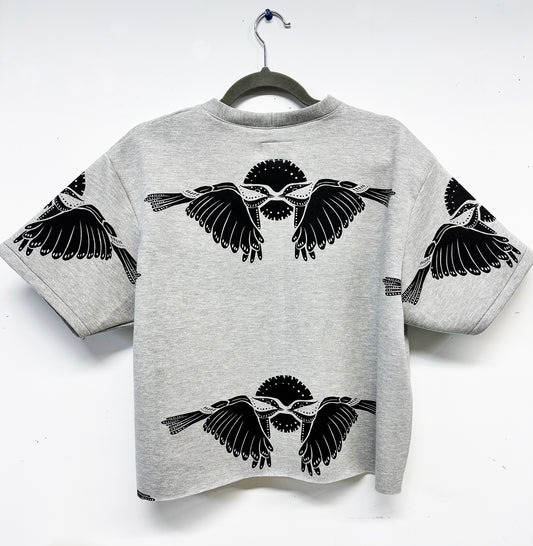 Grey Fleece Short Sleeve Sweatshirt - 2 Birds - Hand Printed - One of a Kind - Apparel
